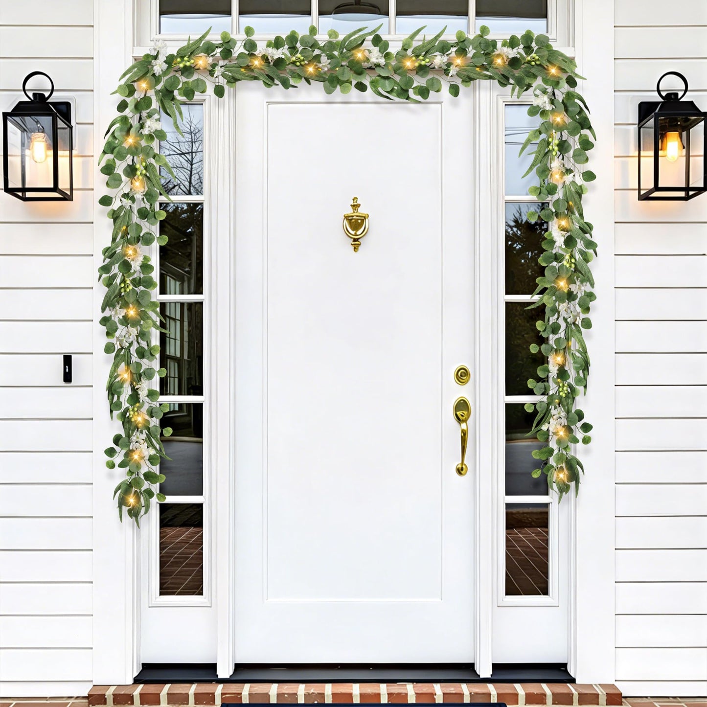 MDSTBN Eucalyptus Garland with Lights, 6FT Spring Garland Eucalyptus Leaves with Flower Berries Artificial Greenery Vine for Mantle Porch Wall Wedding Arch Backdrop Table Decoration