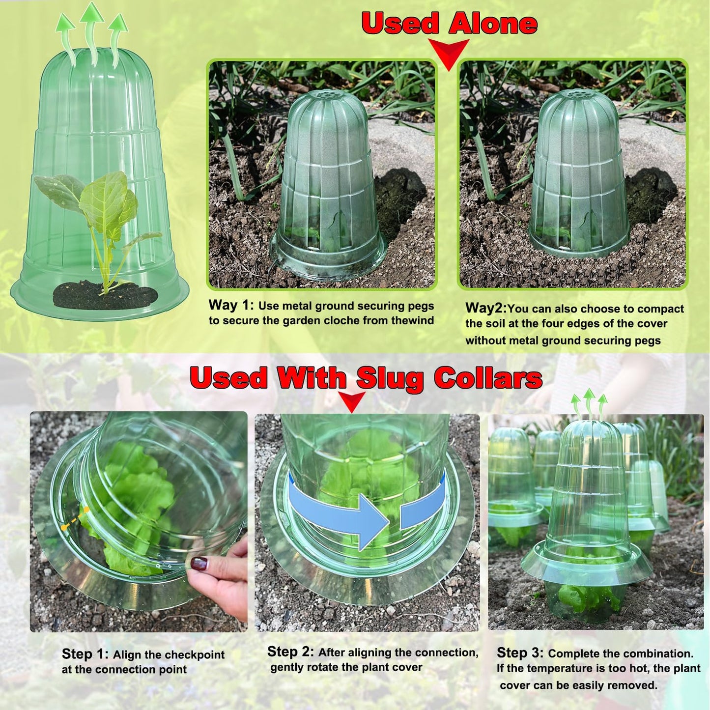 Fshow Upgraded Garden Cloches for Plants, Reusable Bell Plant Protector, Garden Protection from Animals Snails Birds Chickens Insect， Compatible with Slug Collar (Green 10 Pack)