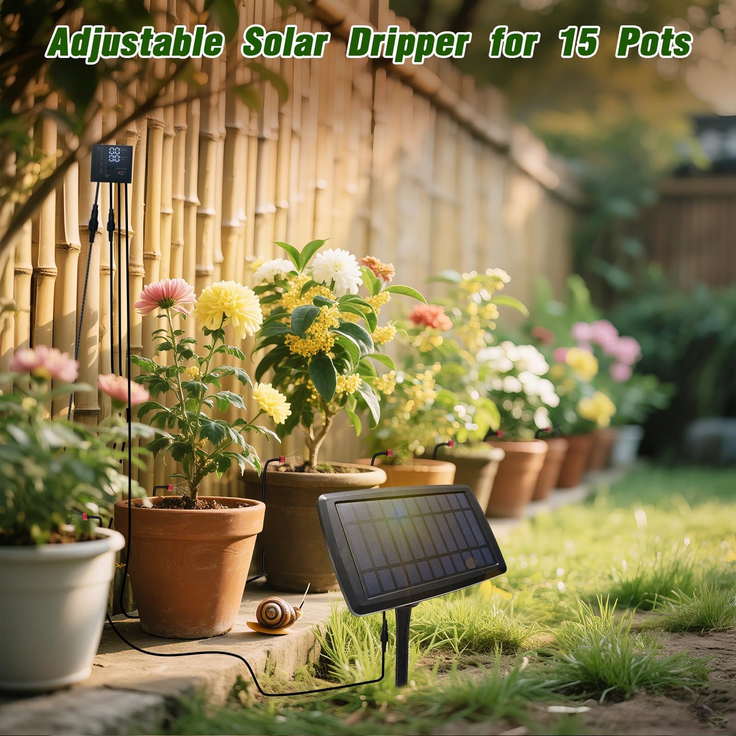 Solar Automatic Drip Irrigation Kit System, 12 Timer Settings Garden Irrigation System, Self Watering Devices for Plants, Raised Beds, Greenhouse, Travel, IP44 Waterproof (15 Pots)