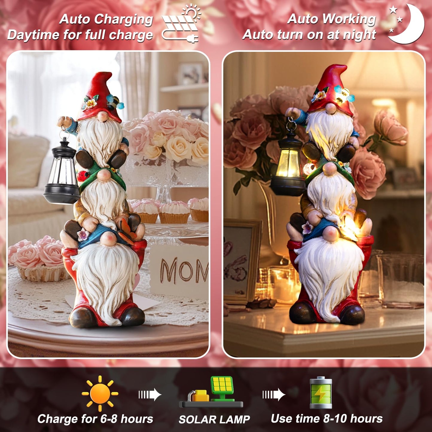 twinbling Garden Gnome Statue with Solar Lights Garden Sculptures Funny Triple Gnome Outdoor Patio Lawn Yard Balcony Home Decor Birthday Gift for Mom Woman Grandma 12 in Mothers Day Gnomes