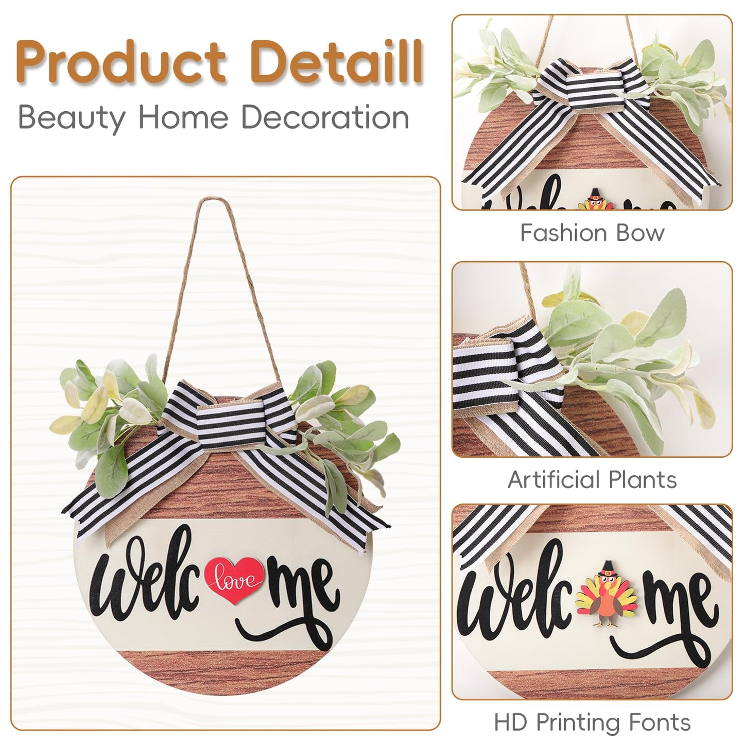 WSTPUPU Interchangeable Seasonal Welcome Sign Front Door Decoration Rustic Round Wood Wreaths for Spring Summer Fall Winter Holidays and Valentine's Day