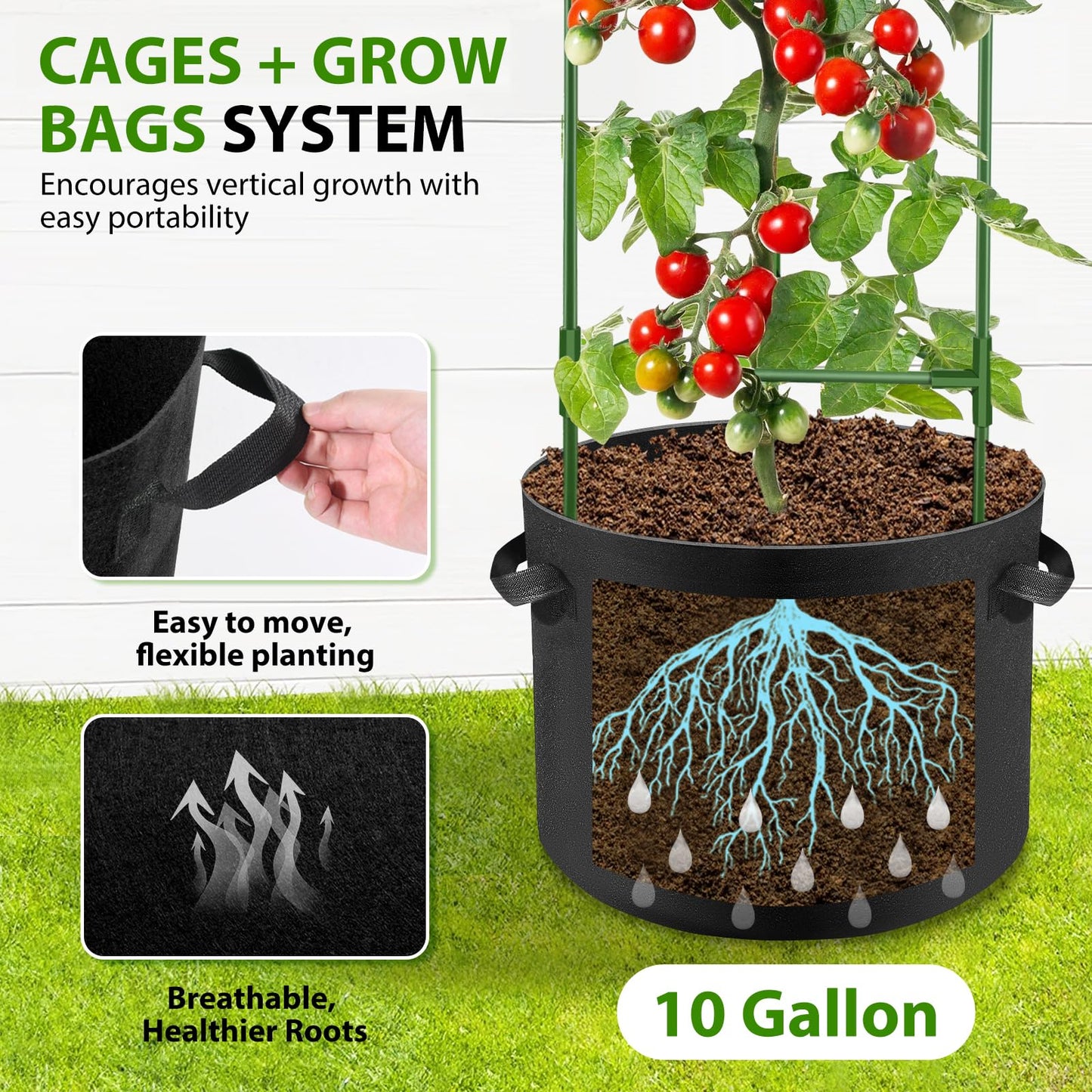 Suntee 2 Pack 48" Large Artificial Ferns, 3 Pack Tomato Cage with 10 Gallon Grow Bags