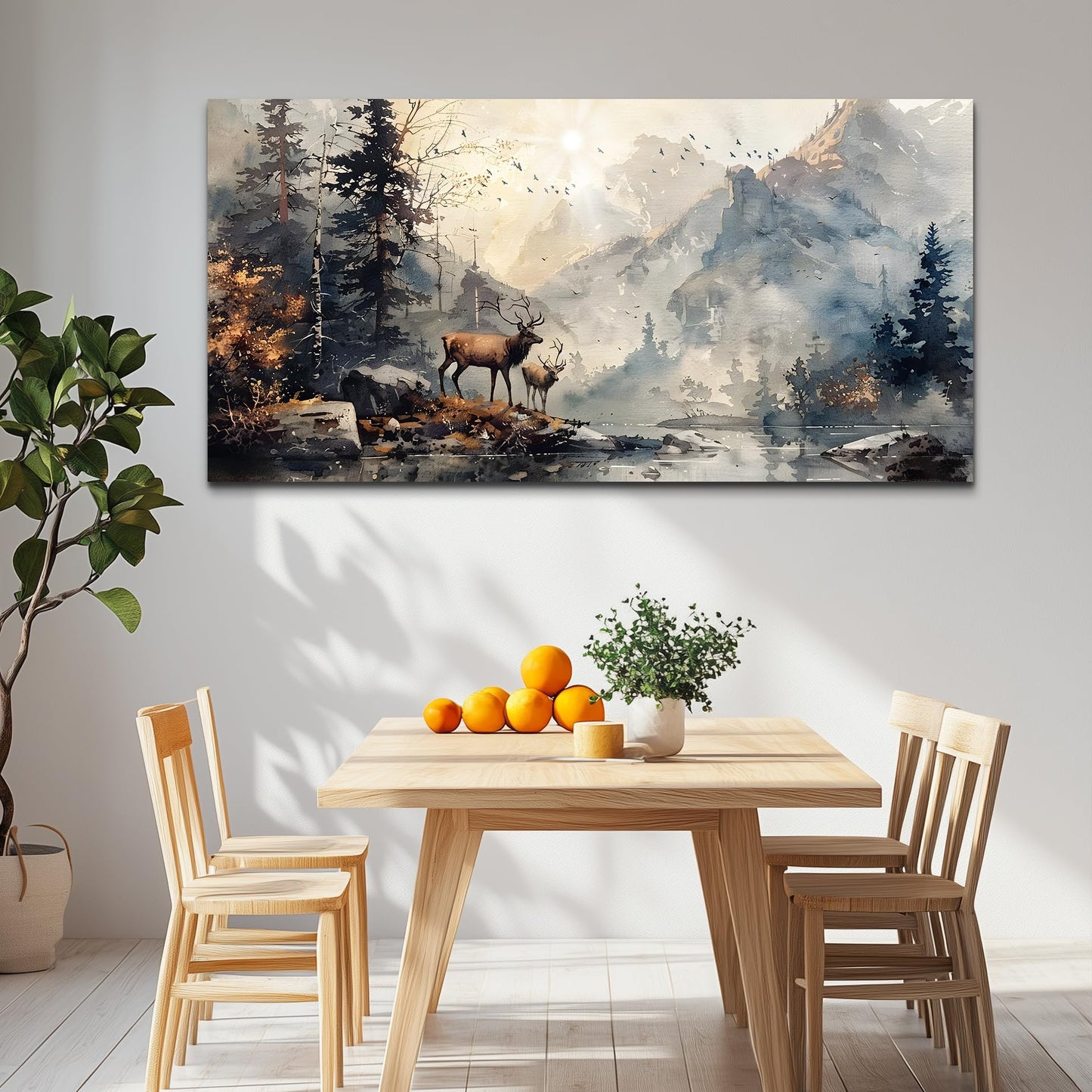 FUHAIHUA Canvas Wall Art For Living Room Framed Wall Decor For Bedroom Office Mountain Forest Landscape Ink Paintings Deer Pictures Artwork Modern Aesthetic Home Decor 20x40 In