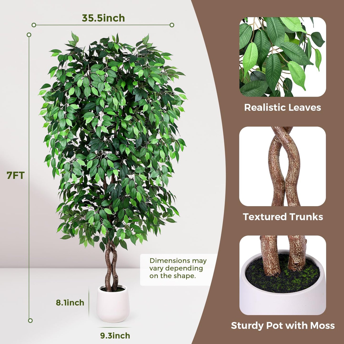 Jocoevol 7FT Artificial Ficus Tree, Tall Faux Trees Indoor with White Planter, Dried Moss, Natural Silk Leaves & Trunk, Fake Plants for Home Living Room Office Corner Decor Housewarming Gift