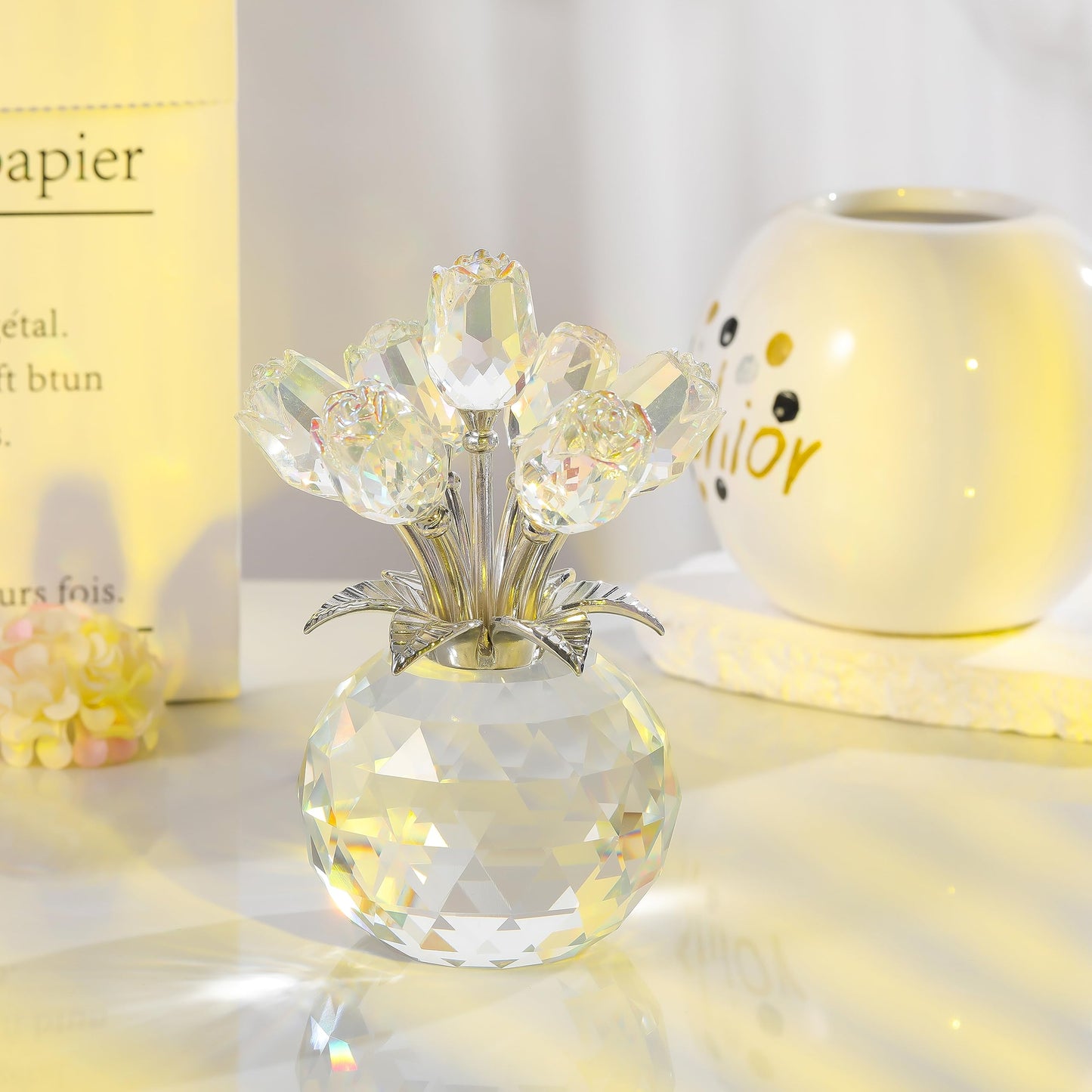 Clear Rose Flower Crystal Figurine with Vase, Bouquet Flowers Ornament Gifts for Wife Girlfriend Women, Handmade Crystal Flower Collectible Home Table Decor for Valentines Day Wedding Anniversary