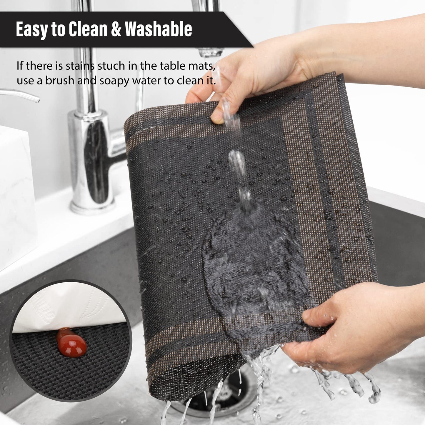 Winknowl Placemats Set of 4，Heat Resistant Woven Vinyl Washable PVC Place Mats，Non-Slip Stain Resistant Indoor/Outdoor Table Mats for Dining Table (Black Brown)