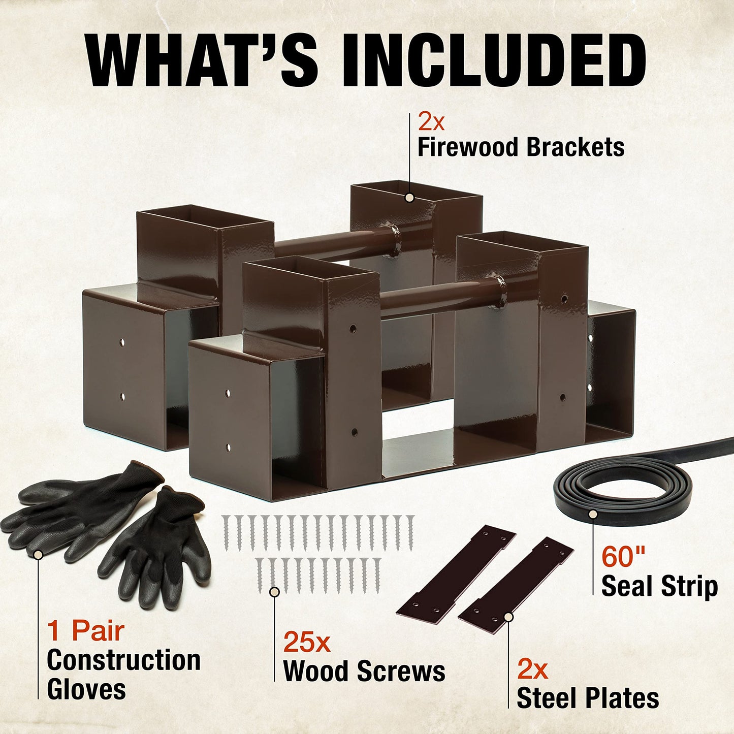 TIDYBOSS 2 Pack Firewood Rack Outdoor | 2x4 Brackets for Wood | Lumber Storage Rack Log Holder | Adjustable to any Length with Seal Strip, Gloves, Steel Plates and Screws (Dark Brown)