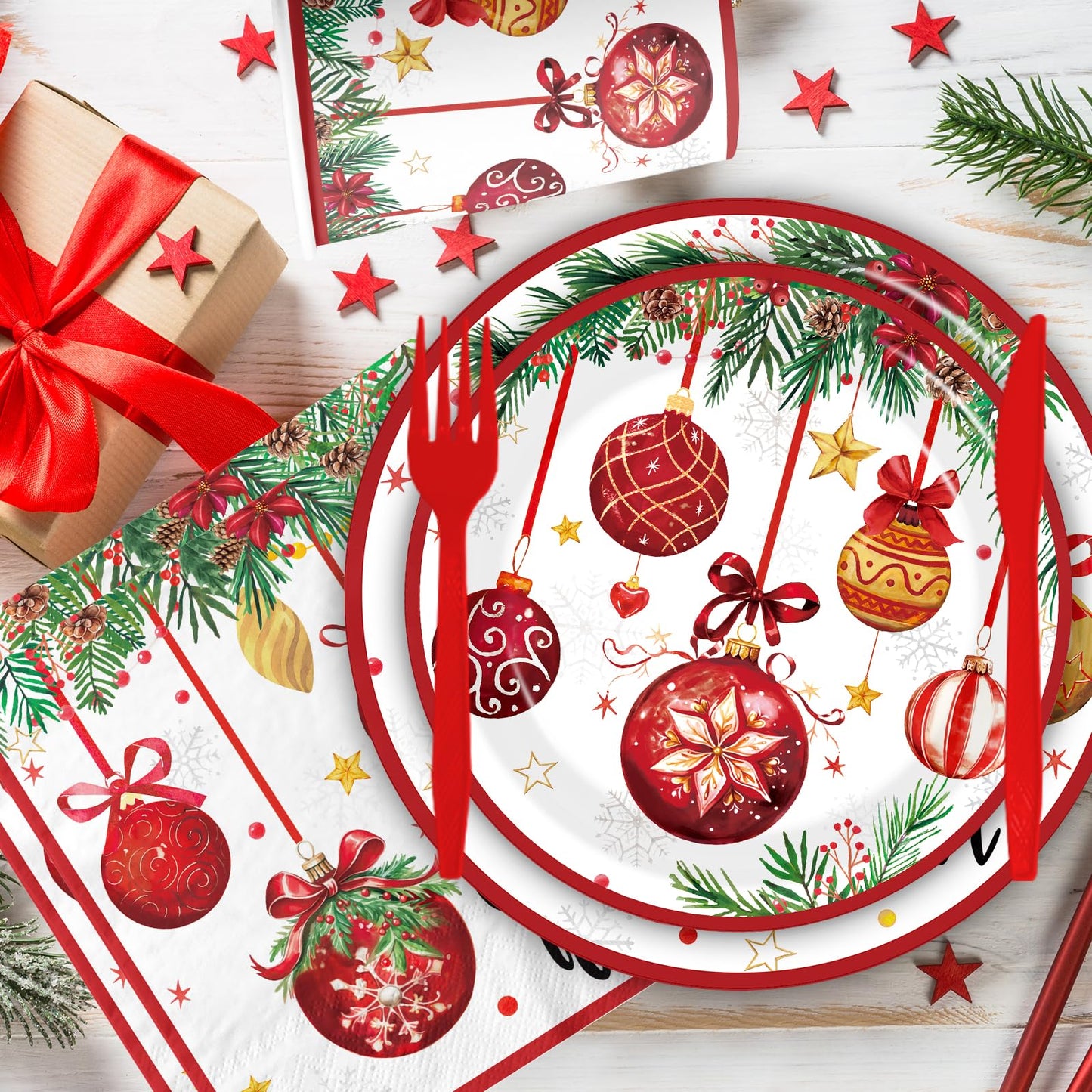 Joy To The World Christmas Tableware, 144Pcs Joy To The World Christmas Decorations includes Xmas Plates and Ball Napkins, Happy Holiday Plates and Napkins for Xmas Holiday Party