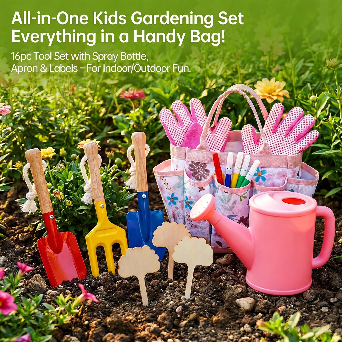 Kids Gardening Set - Gardening Tools for Kids includes Watering Can, Shovel, Rake, Gloves, Waterproof Apron and Garden Tote Bag, Children Garden Tool Outdoor Toys Gifts for Boys Girls Age 3 4 5 6 7 8