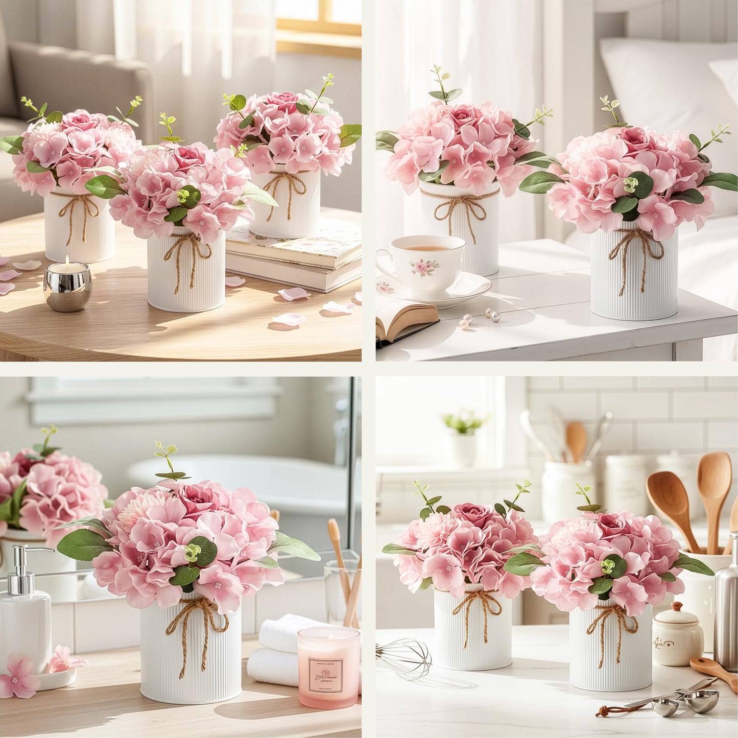 Auihiay 10PCS Flower Table Centerpieces, Hydrangea Artificial Flowers with Vase, Faux Silk Hydrangea Flowers Arrangement for Spring Wedding Table Centerpiece Floral Vase Home Office Decor (Pink)