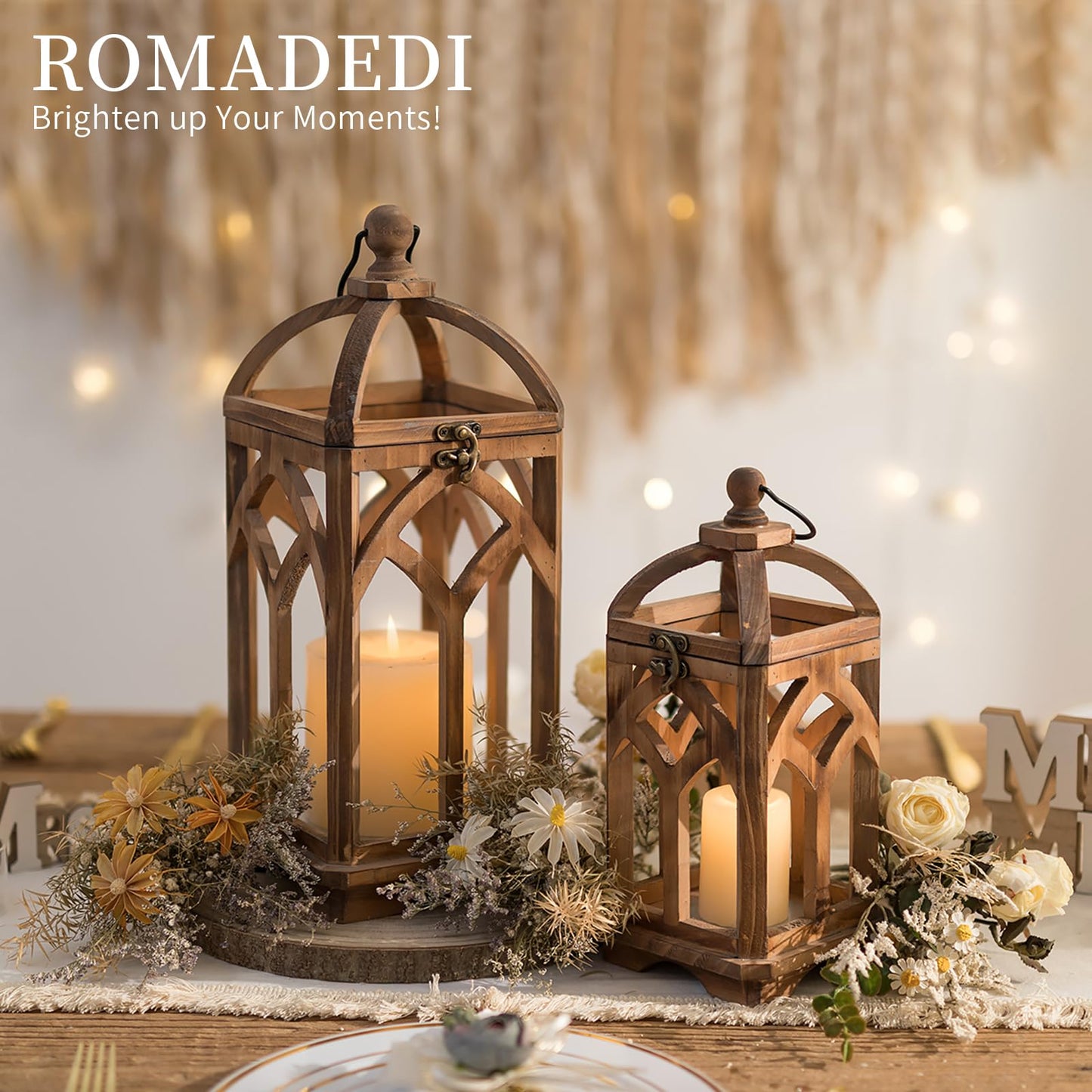 Romadedi Farmhouse Candle Lantern Wooden - 12" / 16" Set of 2 Decorative Rustic Wood Candle Holder Home Decor Decoration Wedding Table Centerpiece, Brown