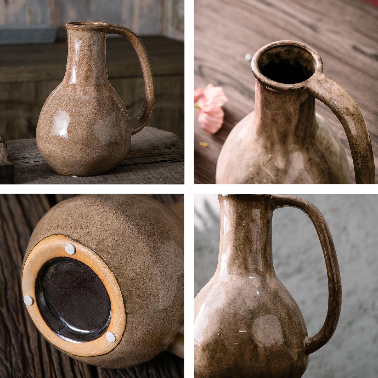 Tanvecle Brown Ceramic Vase with Big Handles, Modern Farmhouse Decor, Rustic Pottery for Flowers, Decorative Terracotta Centerpiece for Dining Table