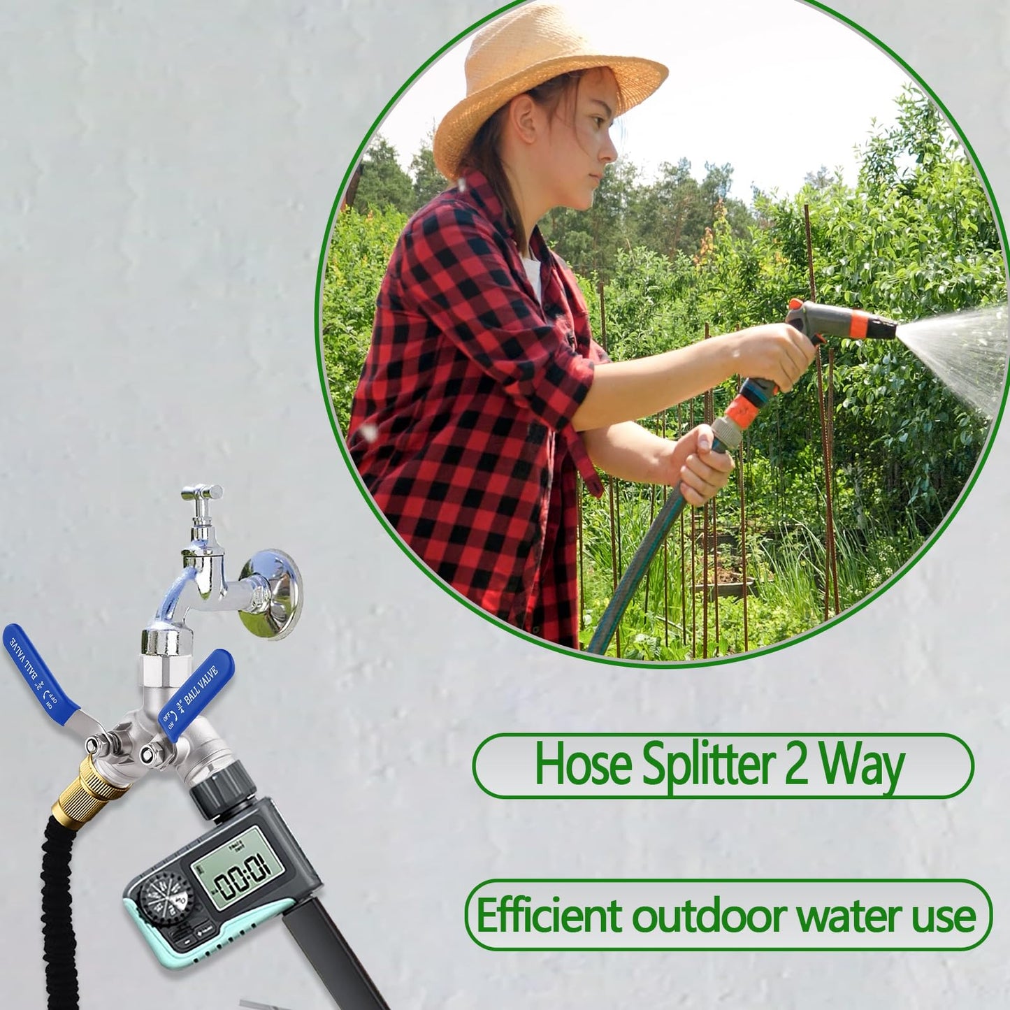 Lead-free Hose Splitter 2 Way Heavy Duty ，304 Stainless Steel Garden Hose Splitter with Long Handle，Outdoor Full Flow Y Valve ，3/4 Inch GHT Thread