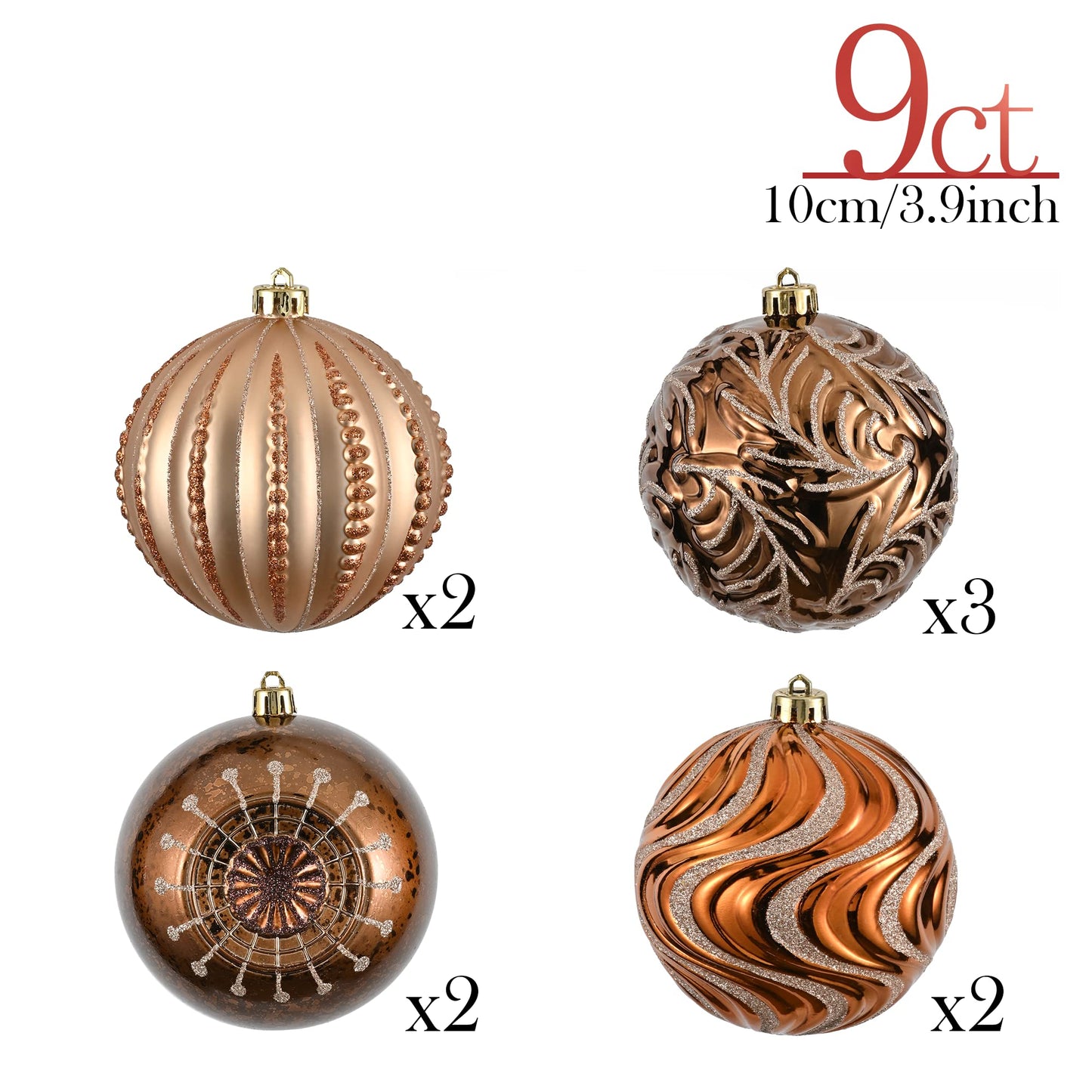 Valery Madelyn Luxurious Copper Gold Christmas Ball Ornaments, Shatterproof Christmas Tree Ornaments for Xmas Decoration (2 Items Bundle