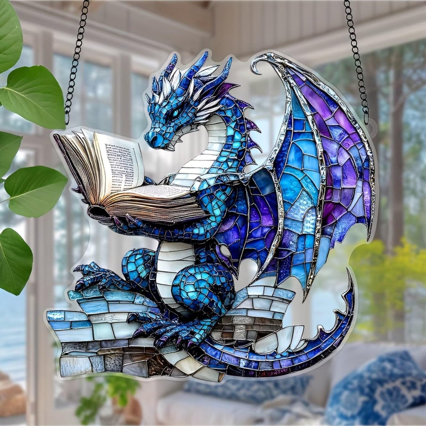 1PC Blue Dragon Reading Acrylic Suncatcher Hanging, 7.08 inch Window Decor with Printed Stained Glass Style Design, Rainbow Maker Wall Art, Gift Idea & Garden Ornament Indoor Outdoor Use/DW-17