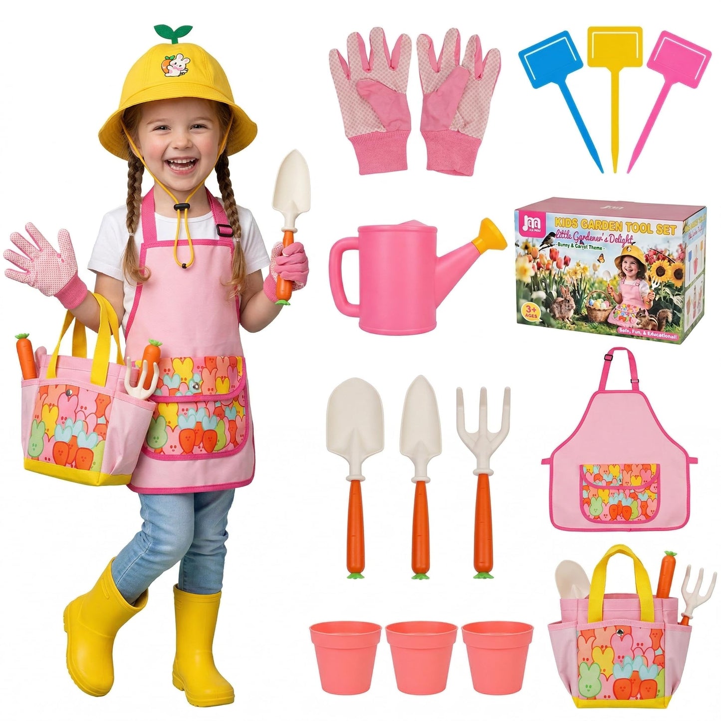 Kids Gardening Outdoor Tools Set with Adorable Sun Protective Hat & Bunny Apron, Carrot-Shaped Shovel Rake Trowel, Garden Kit for Toddlers Ages 3-8, Spring Birthday Gift