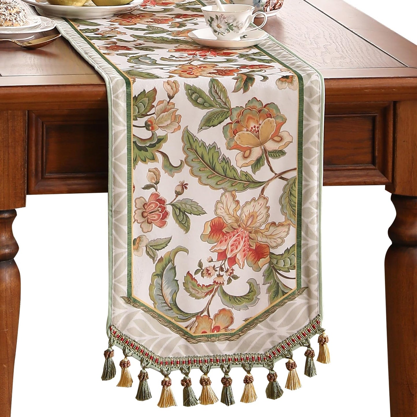 patdrea Designer Elegant French Floral Velvet Table Runner, Fresh Green with Orange Blossoms Pattern Table Mat, Decoration for Kitchen Dining Coffee Table Cabinet Banquet Thanksgiving,12"*71"