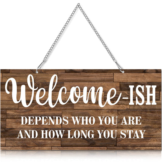 Hotop Funny Christmas Welcome Front Door Sign Welcome-ish Hanging Sign 12 x 6 Inch, Rustic Wall Farmhouse Door Decor for Home Porch Entryway Decor(White Words with Brown Base)