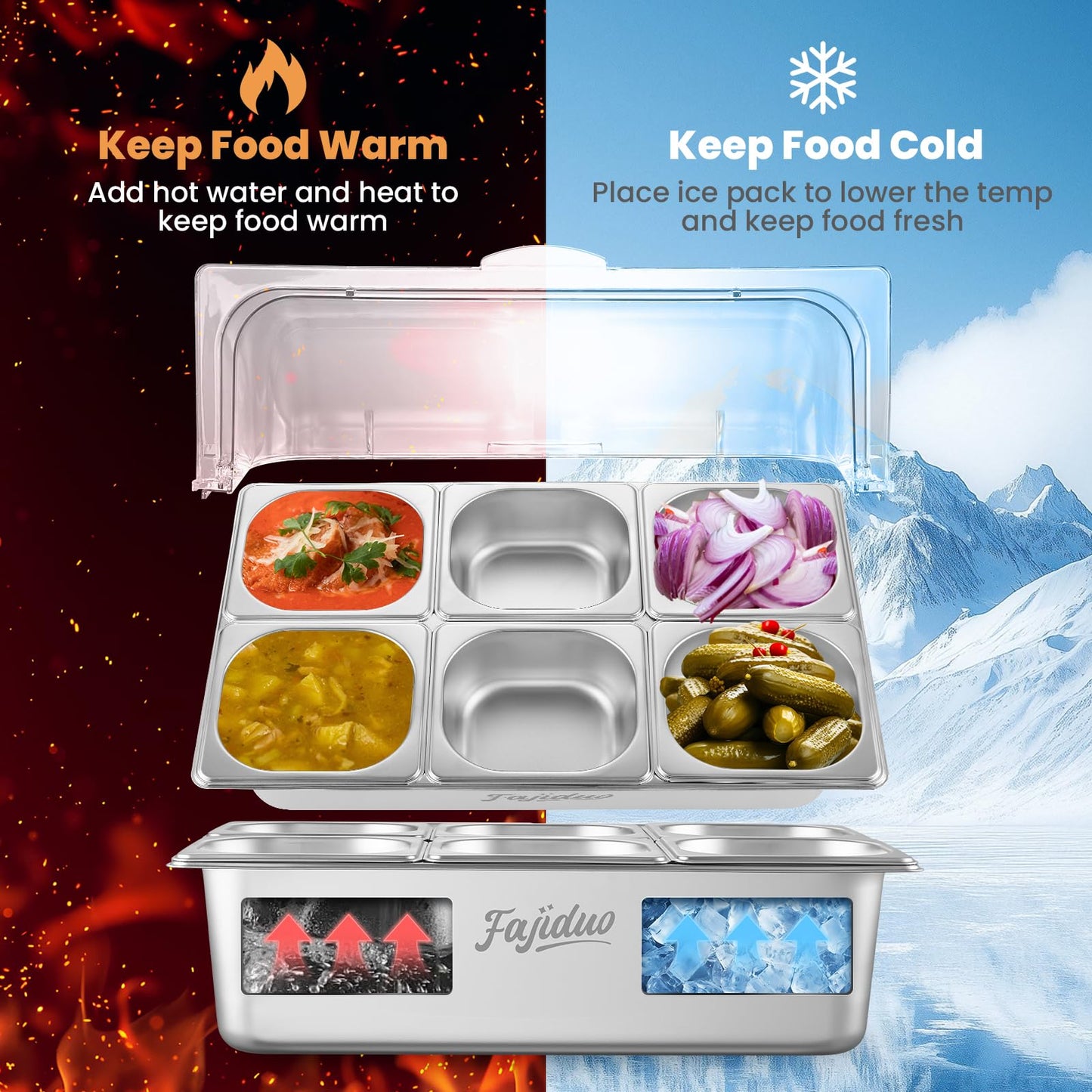 Countertop Ice Food Serving Display Container, Spice Display Salad Dressing Cooler, Stainless Steel Food Serving Tray Buffet Condiment Dispenser with Clear Roll Top Cover, Clamps, Spoons, Ice Box