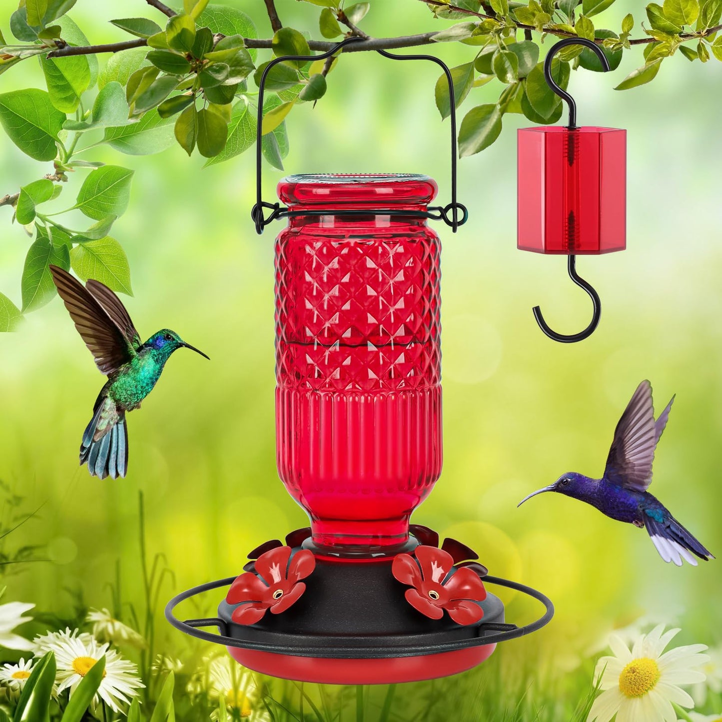 FEED GARDEN Glass Hummingbird Feeder, 16oz Outdoor Hanging Bird Feeder with Ant Moat, 4 Bee-Proof Feeding Ports, 360° Perch, Leak-Proof, Red