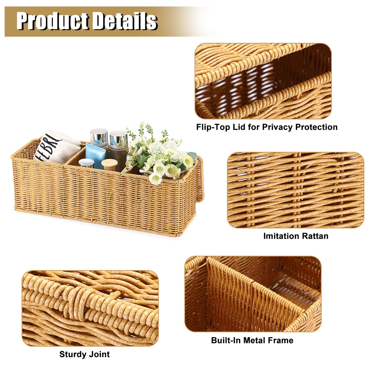 Sumnacon Wicker Storage Basket with Lid, Rectangular Narrow Baskets for Bathroom, Farmhouse Imitation Rattan Bin with Dividers, Decorative Handwoven Tray Organizer for Countertop Shelves Toilet Tank