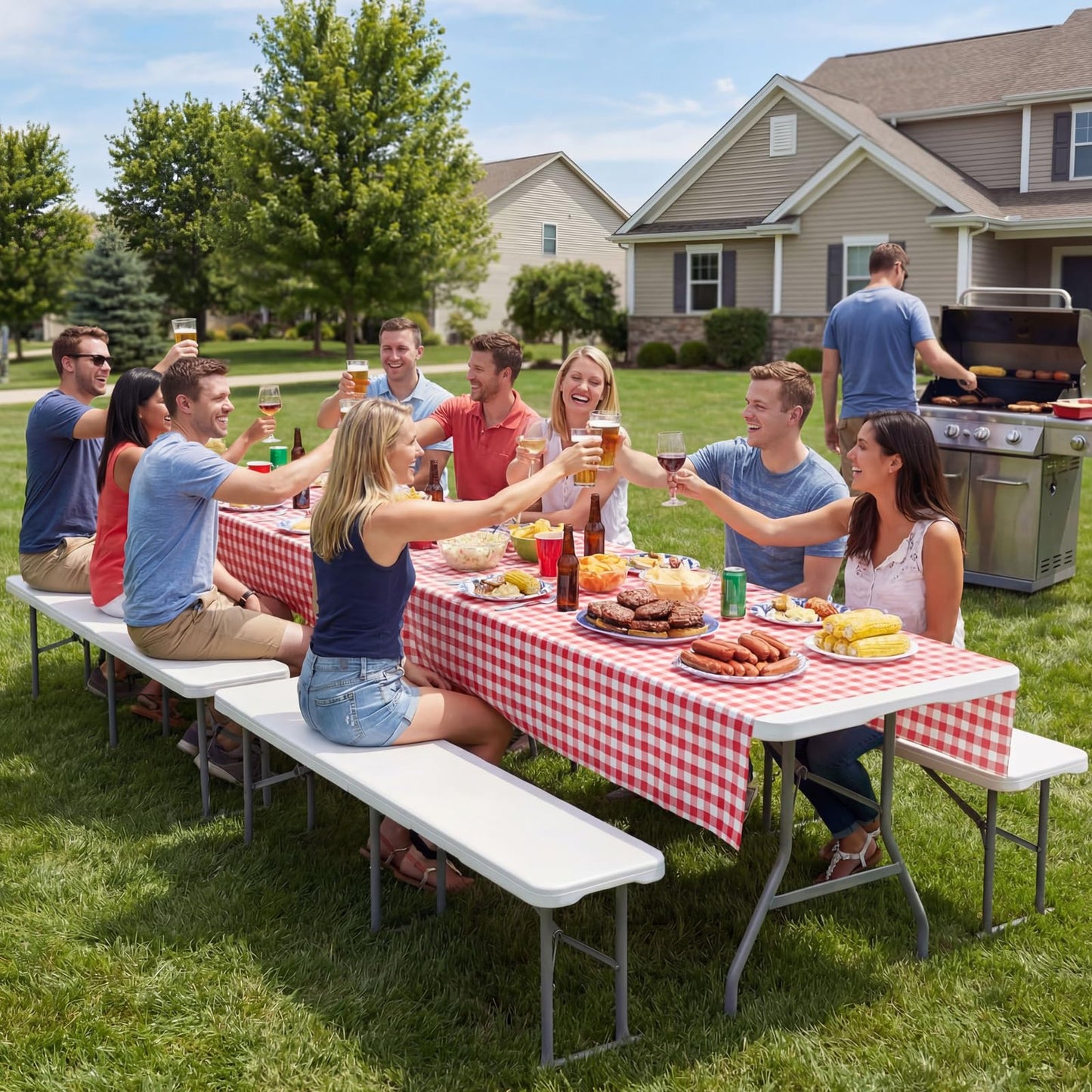 Byliable Folding Bench 6 Foot, Plastic Folding Bench Seat Portable Foldable Picnic Party Camping Dining Seat, White Garden Multipurpose Entertaining Activities