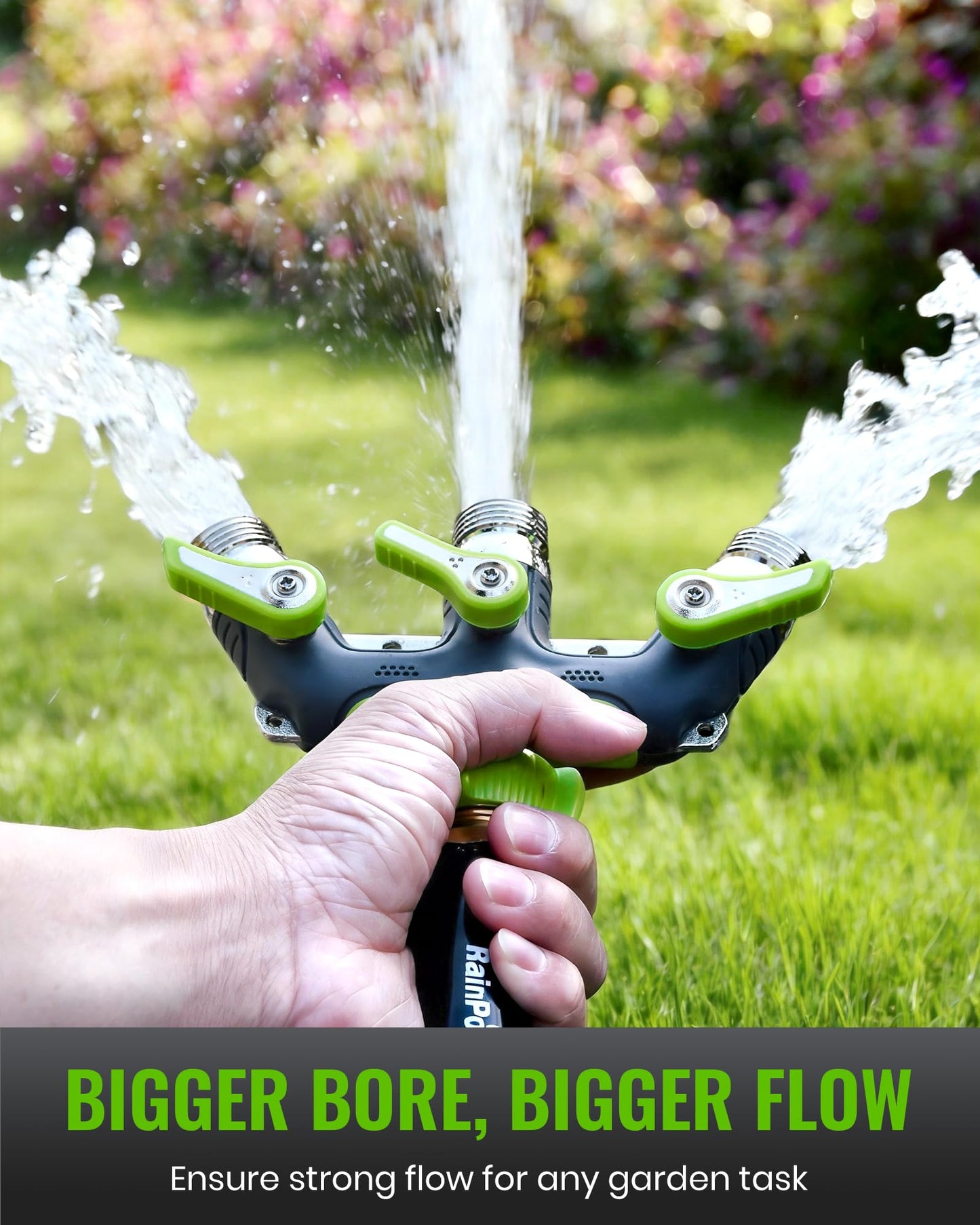 RAINPOINT 3 Way Hose Splitter, 100% Metal Heavy Duty Garden Hose Splitter With 1.9" Extra Long Handle & Individual Shut Off, 3/4 Inch GHT Thread Water Hose Connector For Outdoor Spigot Faucet (Green)