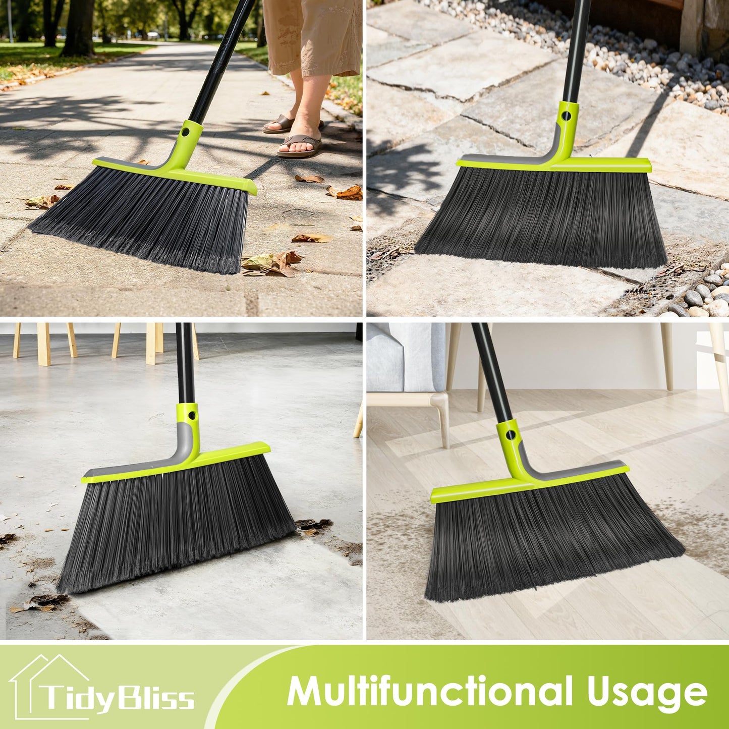 TidyBliss Outdoor Broom Heavy Duty, 56 inches Tall Commercial Soft Bristle Angle Brush for Sweeping Outside Patio Garden Porch Deck Shop Restaurant Garage House Lobby Hardwood Floors (Green)