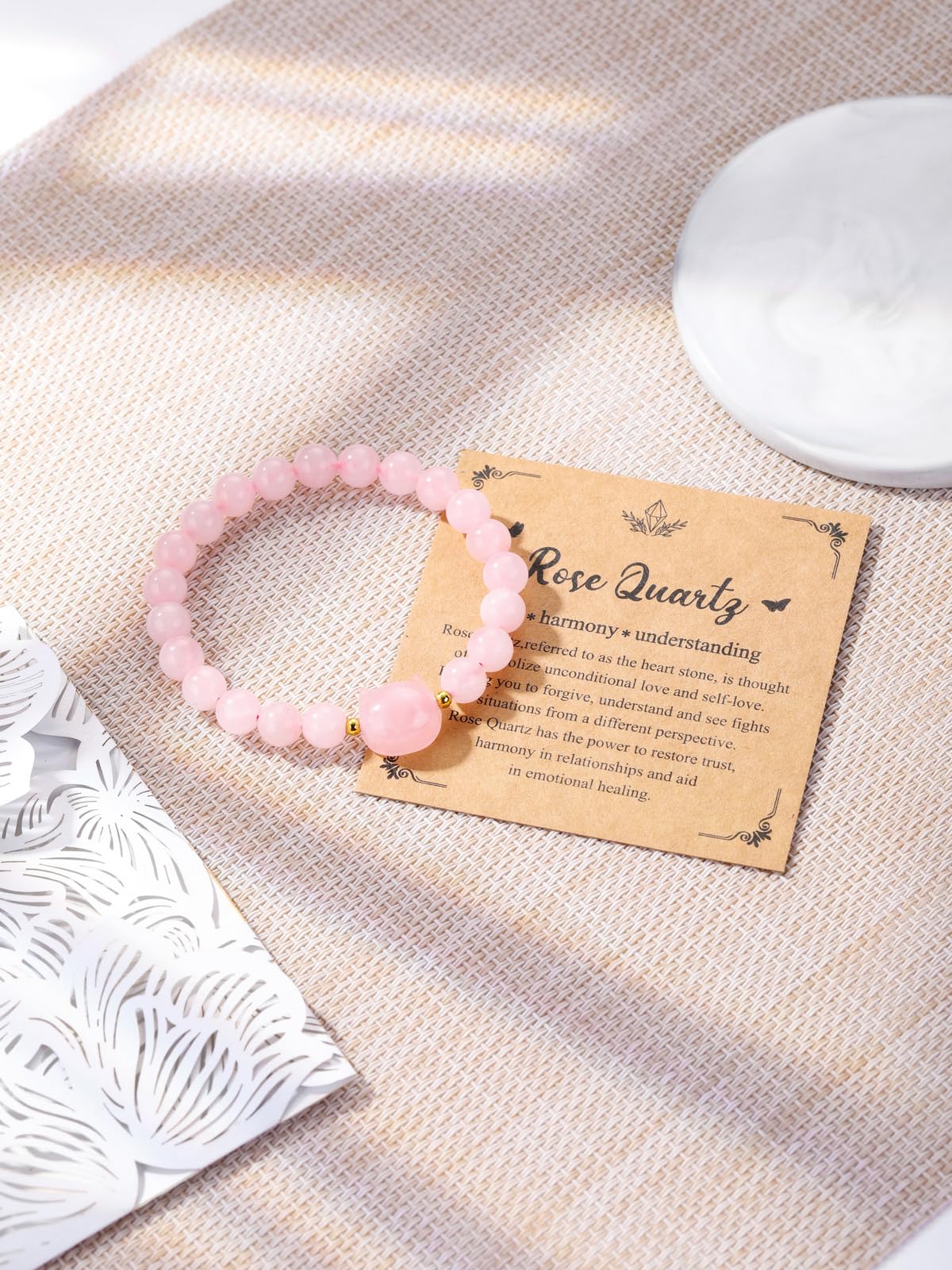 CrystalTears Rose Quartz Crystal Cat Bracelet for Women Men 8mm Healing Crystal Stone Bead Bracelets Protection Gemstones Stretch Bracelet Good Luck Bracelet Jewelry Cat Gifts for Mom Women