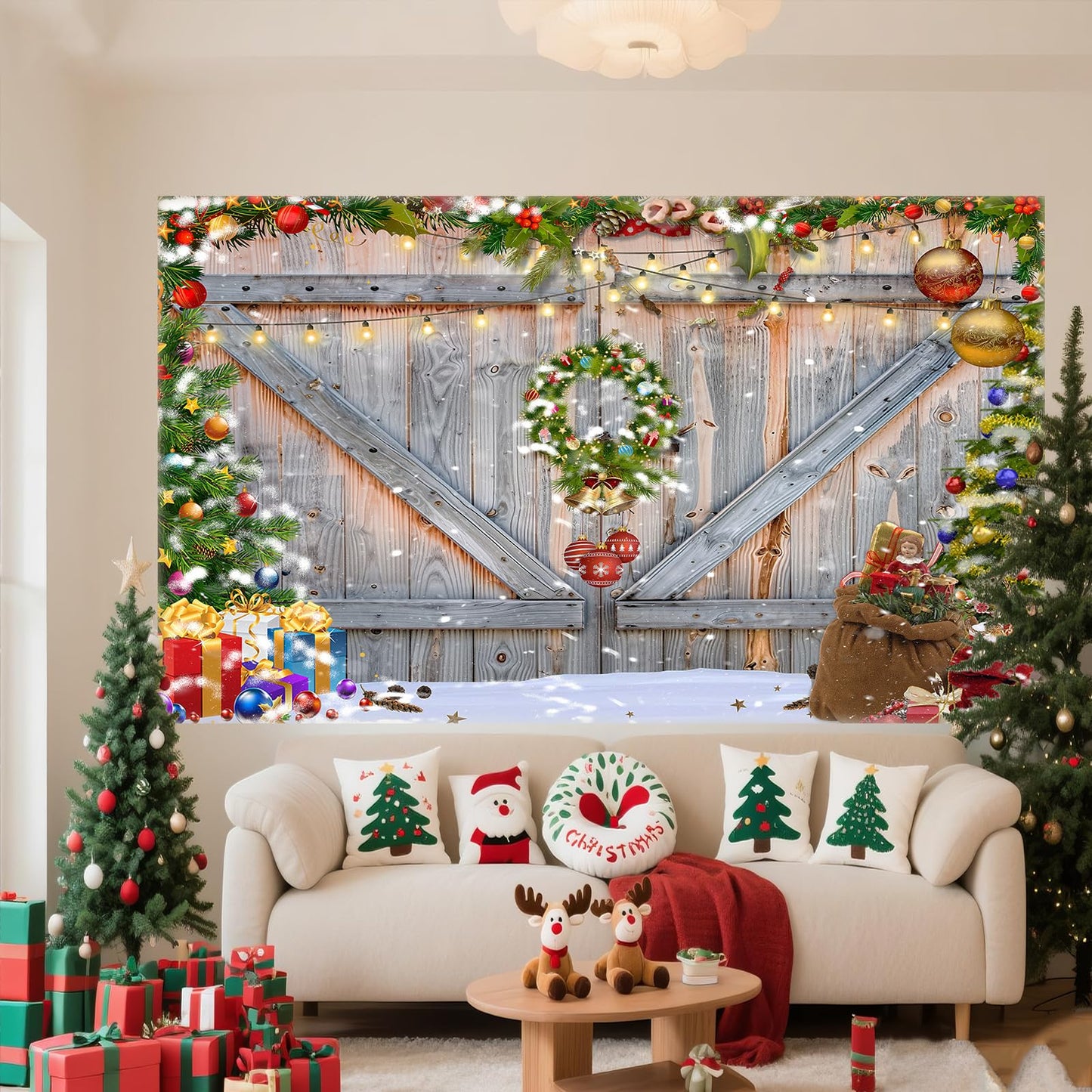 Christmas Photo Backdrop for Photography, Rustic Barn Wood Door Backdrops for Photoshoot, Xmas Tree Snow Red Gift Christmas Party Decorations 7x5ft