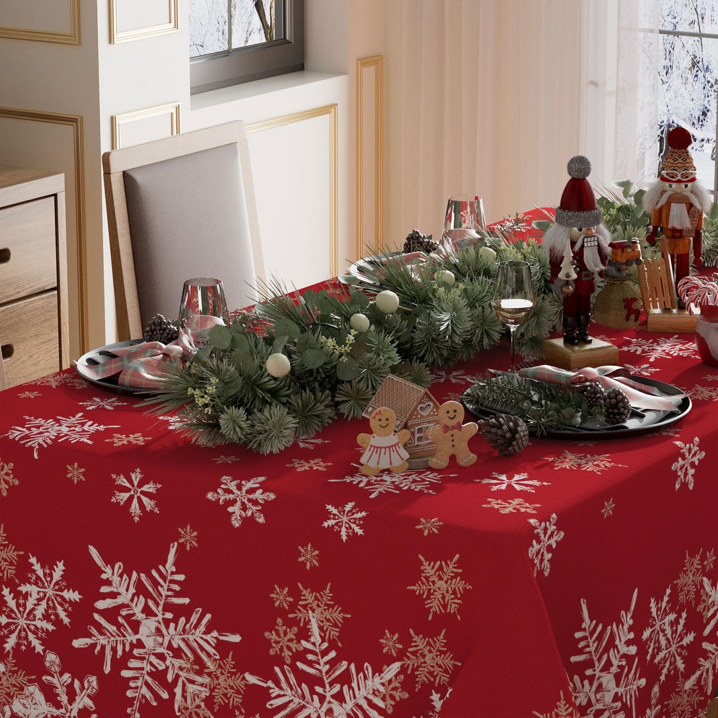 XCHI Winter Red Snowflakes Tablecloth Rectangle Christmas Table Cloth Washable Table Covers for Indoor Dining Home Party Xmas Decorations 60x84 Inch