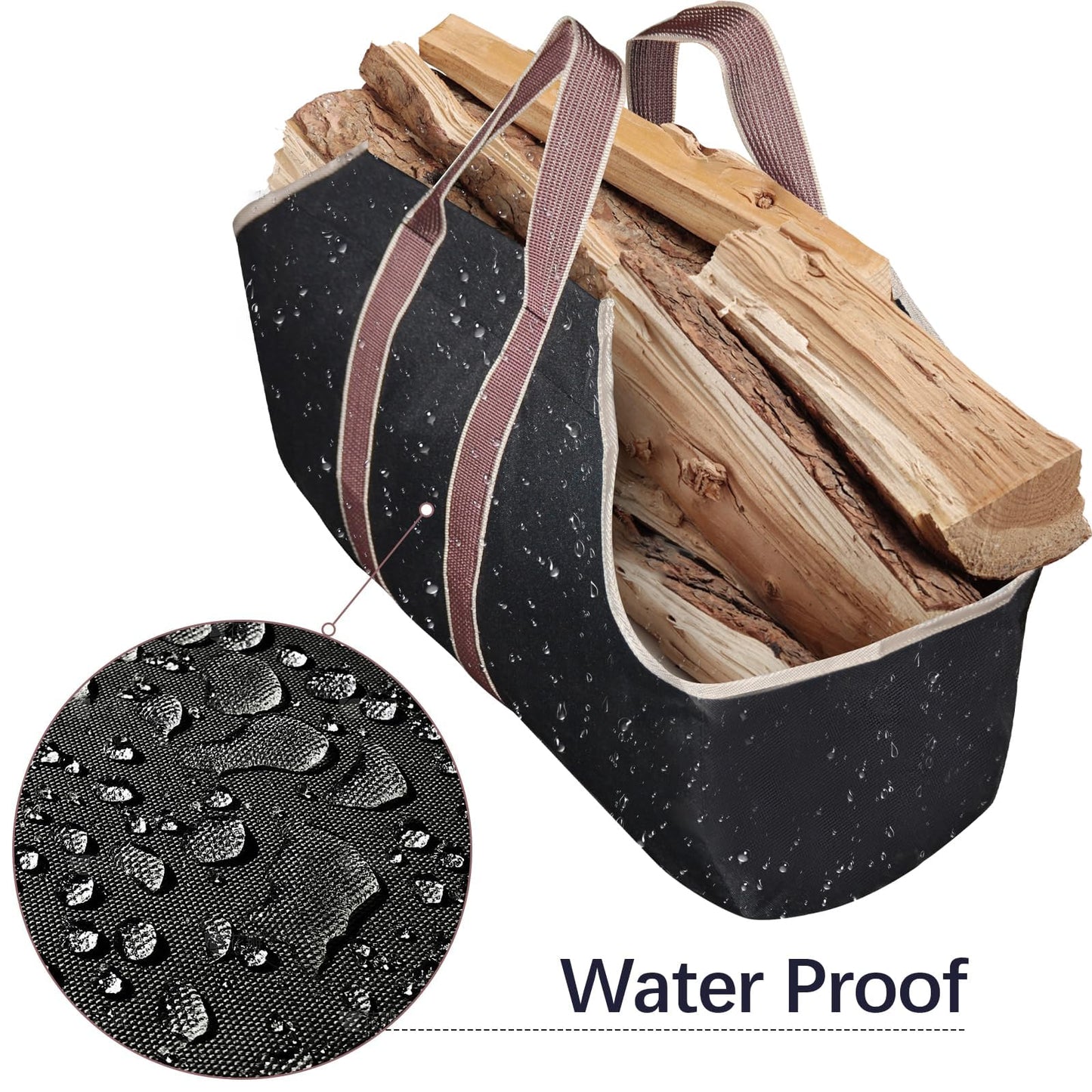 AMAGABELI Large Canvas Log Tote Bag Firewood Carrier Heavy Duty Fireplace Log Holder Fire Wood Carriers Carrying with Handle Wood Sling Fire Place Outdoor Cabin Stove Accessories Black-Enclosed Ends