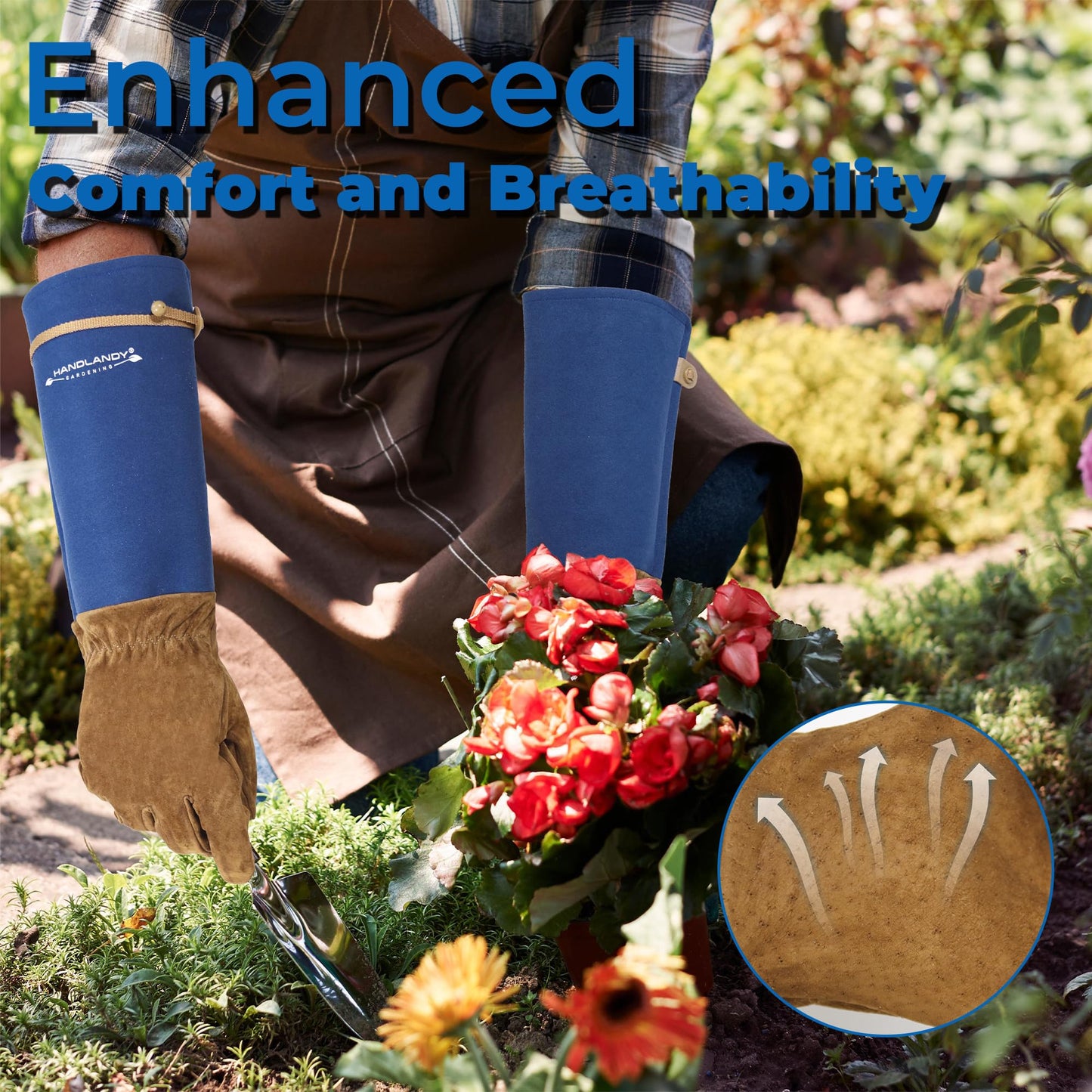 HANDLANDY Long Gardening Gloves for Men & Women, Pigskin Leather Rose Pruning Gloves, Breathable Thorn Proof Gauntlet Glove (Blue, M)
