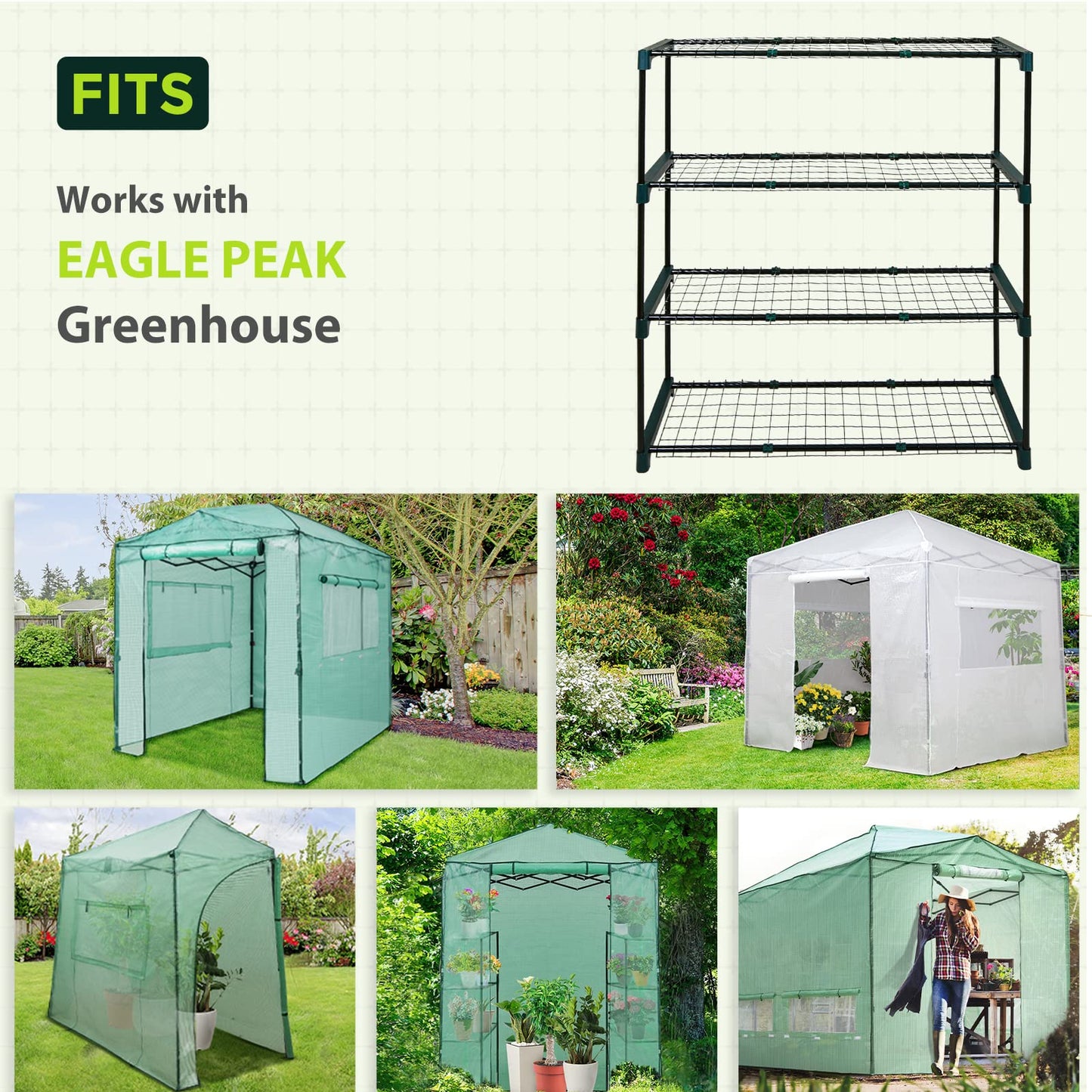 EAGLE PEAK Greenhouse Shelving Staging Double 4 Tier, Outdoor/Indoor Plant Shelves, 35"x12"x42", Green