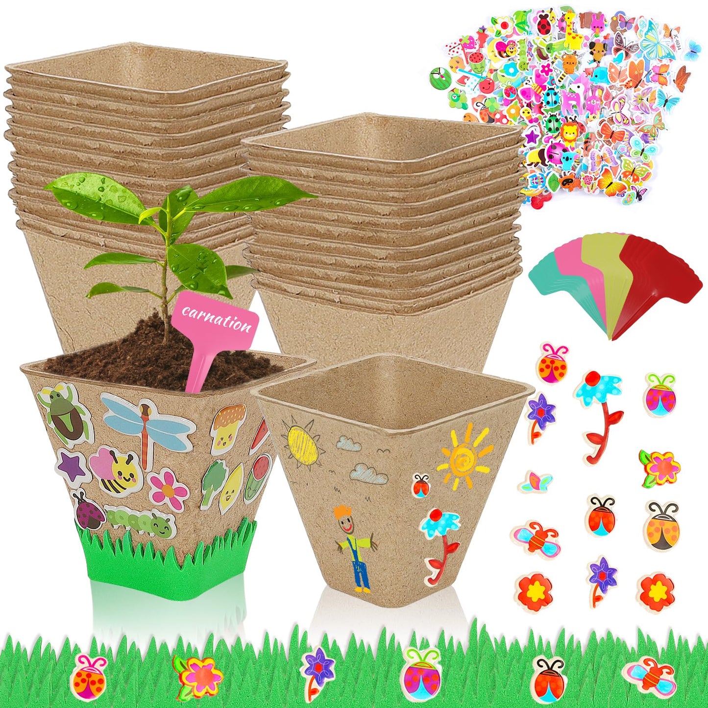 NNG 20 Set Garden Paper Pot Craft Kit,20Pcs Square Paper Mache Pots Peat Plant Pots with 200pcs Adhesive Foam Stickers & 20Pcs Pots Labels,Flower Plant Spring Craft for DIY Flower Planting
