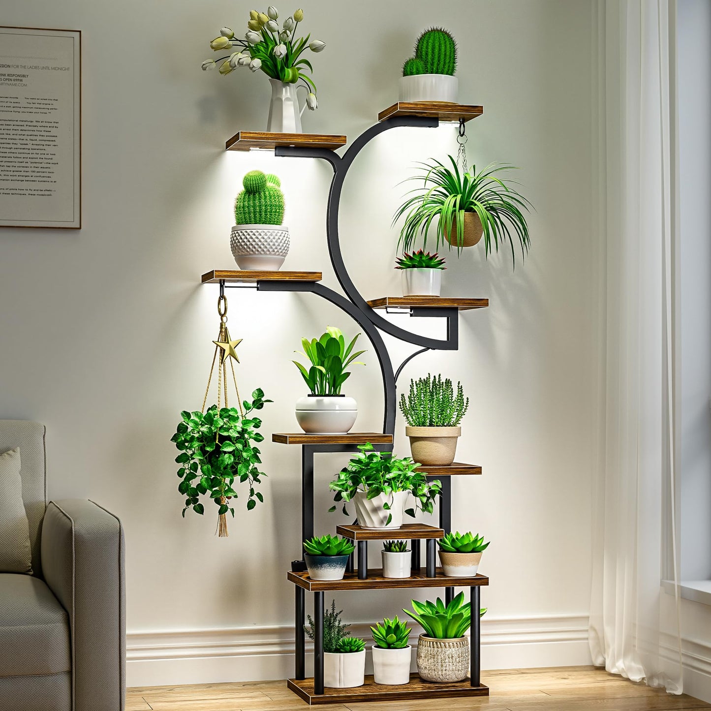 VECELO 66.1" Tall Plant Stand Indoor with Grow Lights, 9-Tier Plant Shelf with Hanging Hooks, S-Shaped Metal Plant Rack, Space-Saving for Home, Living Room & Corner Spaces, Brown