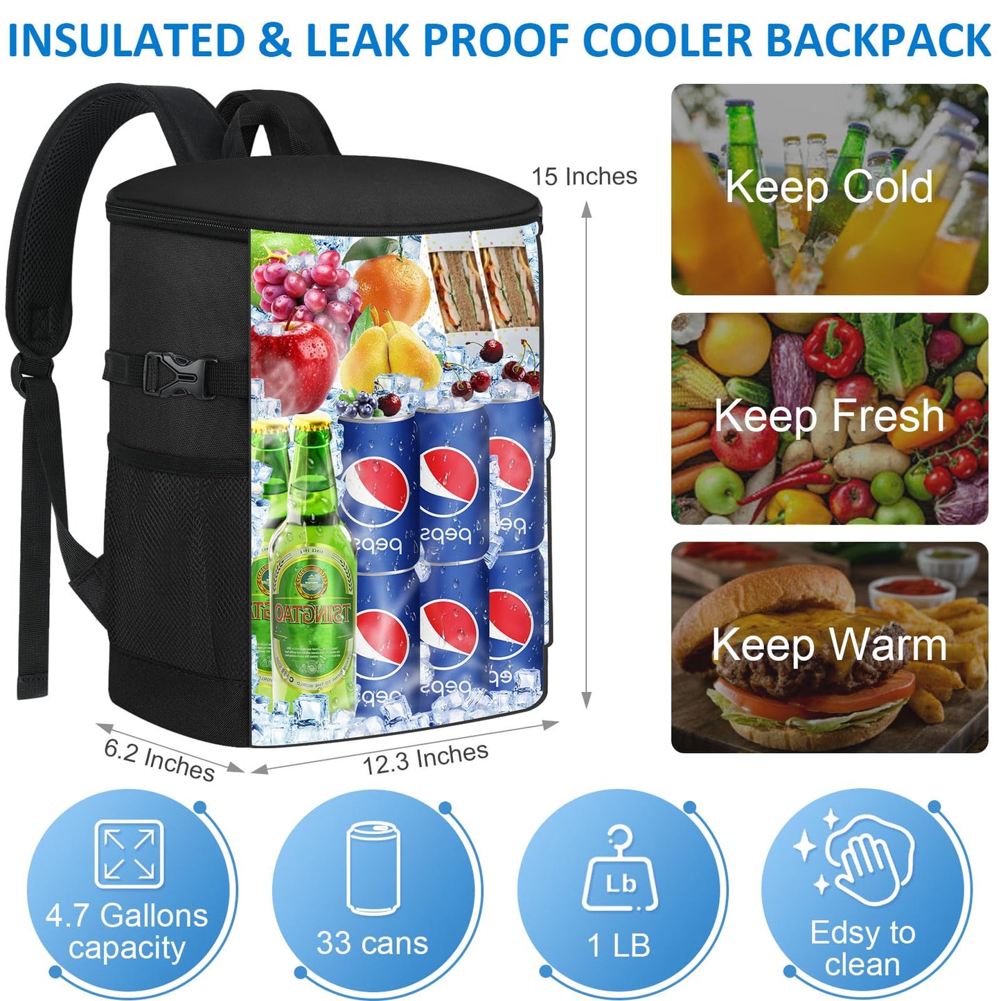 Tenot Cooler Backpack 33 Cans Backpack Coolers Insulated Leak Proof Soft Beach Cooler Bag for Men Women Ice Chest Backpack Camping Hiking Picnic Travel Cooler Lunch Backpack Black