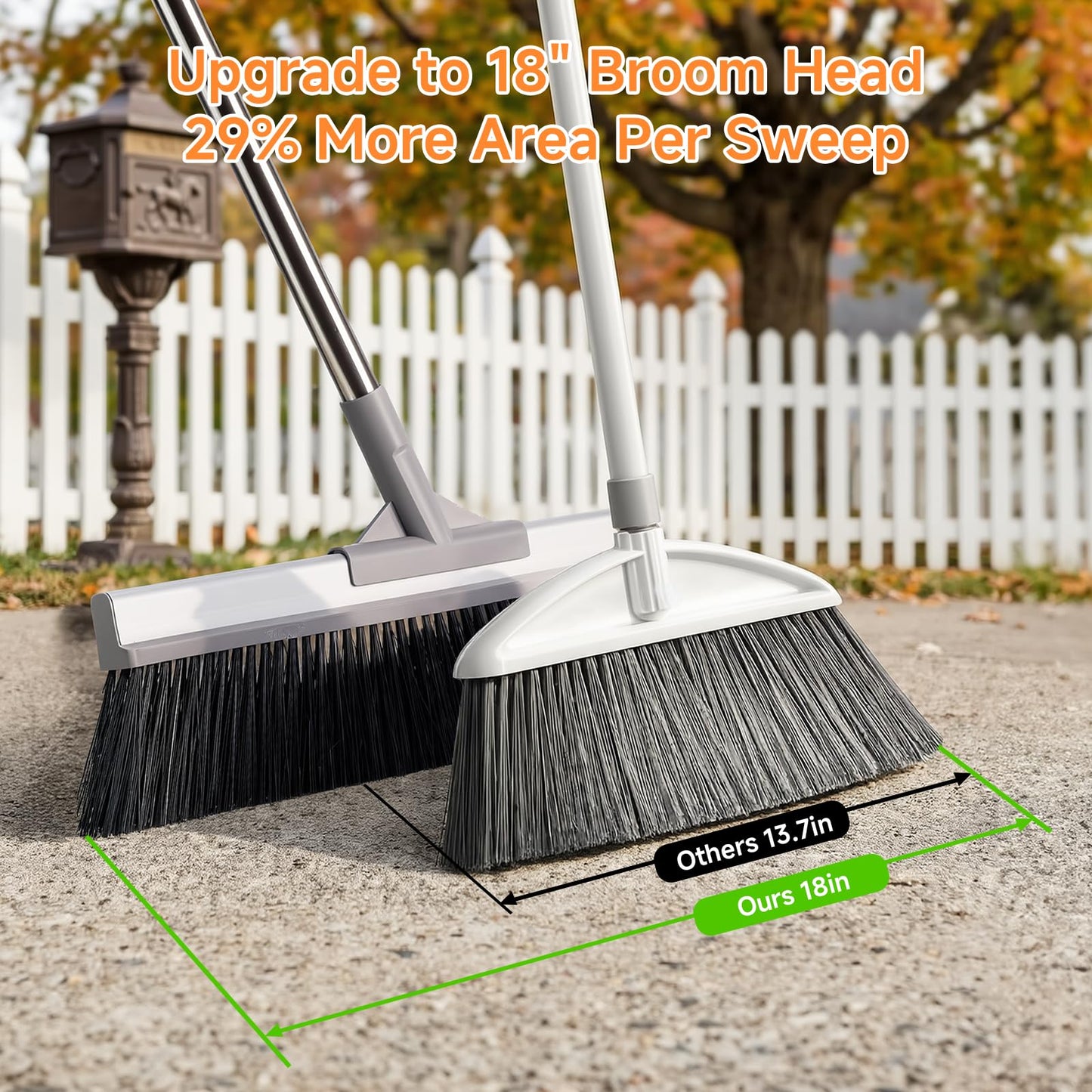 Keyloland 18" Extra Wide Heavy Duty Broom, Aluminum Reinforced Commercial Broom for Driveway and Garage, 60" Adjustable Handle, 29% More Sweeping Area for Concrete, Patios, Decks, Workshops