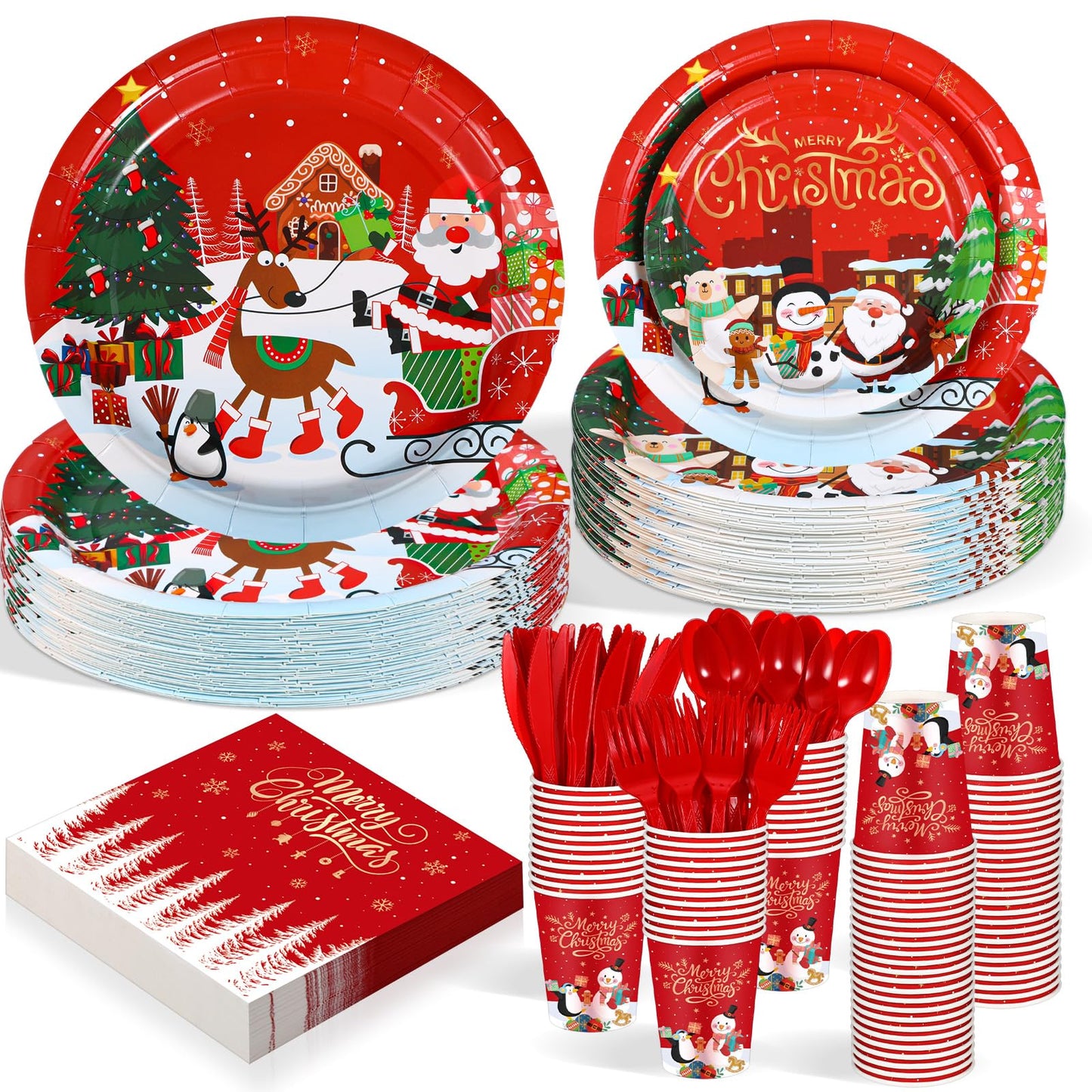 Maxdot 500 Pcs Christmas Party Supplies Merry Christmas Paper Plates Cups Napkins and Cutlery Set Disposable Xmas Party Tableware Set for Holiday Winter New Year Decoration Serves 50 Guests