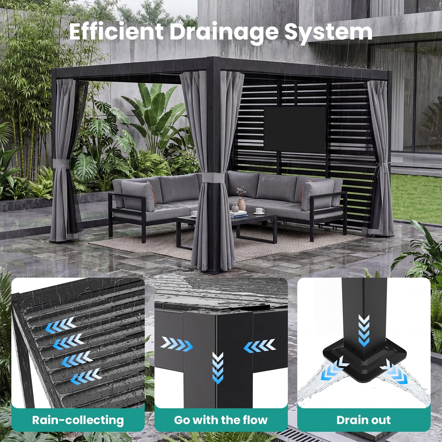 SUNBURY 10x12ft Outdoor Pergola with Curtains & Mosquito Netting, Aluminum Gazebo with TV Stand Base, Modern Patio Shade Structure for Backyard, Deck, Garden, Black
