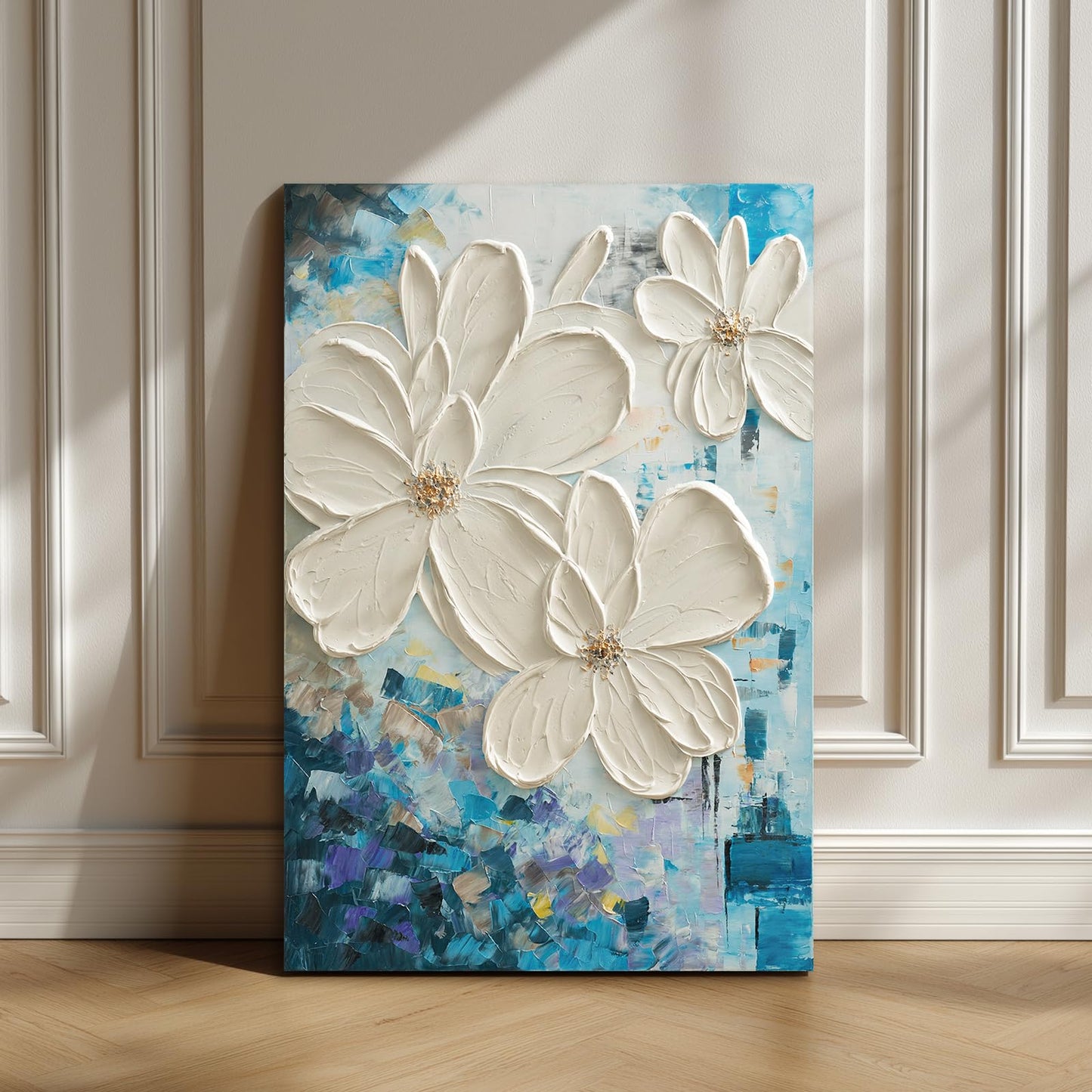 JUHOME Hand-Painted Textured Flower Oil Painting Canvas Wall Art,24x36 In Abstract White Floral Artwork, Vertical Modern Original Wall Decor for Living Room Bedroom Office