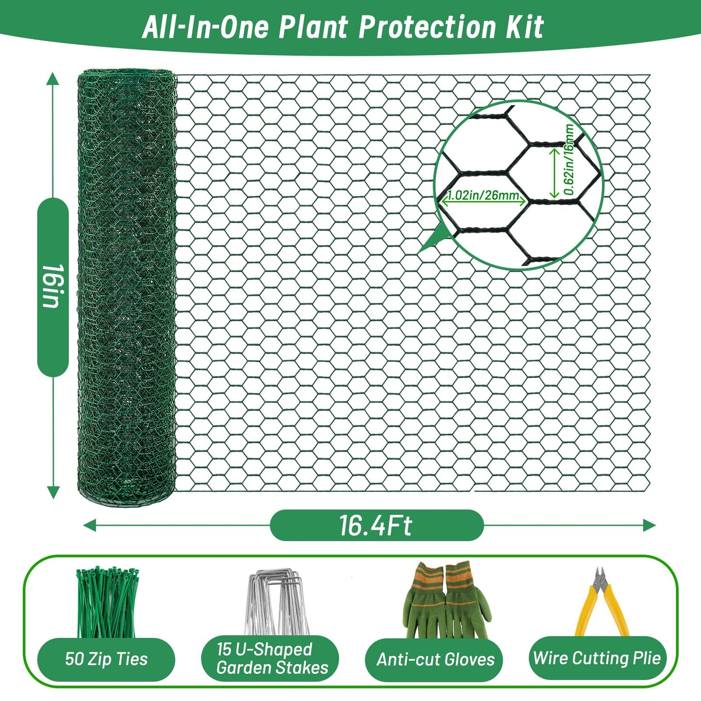 Convivium Plant Protectors from Animals, 0.8mm Free-Cut Green Chicken Wire Mesh, PVC Coated Tree Trunk Guard & Garden Fence for Outdoor Plants with Zip Ties, Stakes, Pliers, Gloves（16.4Ft*16In）
