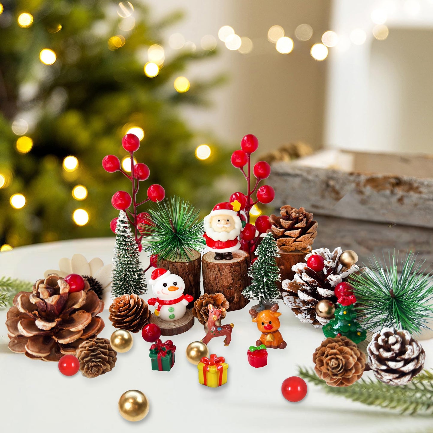 48PCS Christmas Miniature Figurines Mini Resin Christmas Ornaments Kit with Snowman Santa Claus Trees Wooden Display Stand Pine Needles Trees Cones Theme for DIY Xmas Decor Fairy Garden
