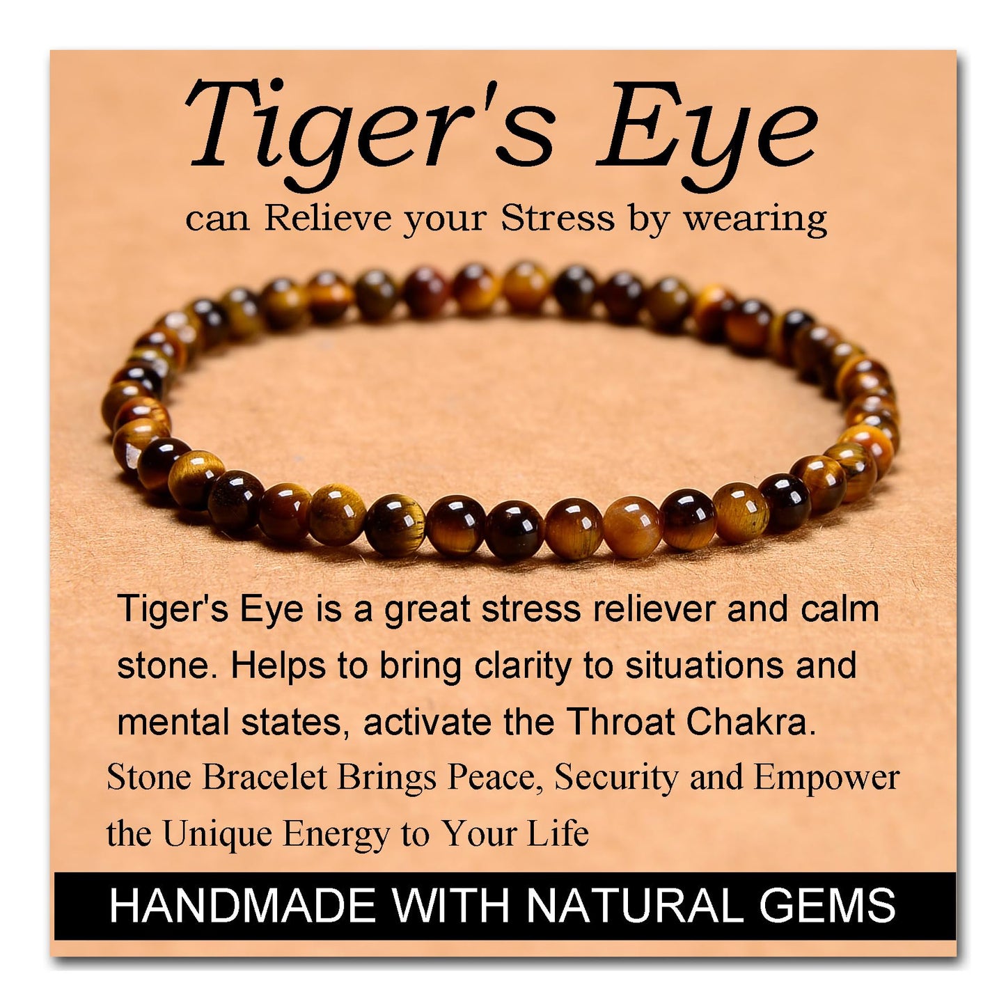 MASSIVE BEADS Yellow Tiger's Eye - Stone of Release Stress - Handmade Yoga Stretch Elastic Bracelet Natural Stone Crystal Healing Power Energy Gifts for Unisex Adult 4mm