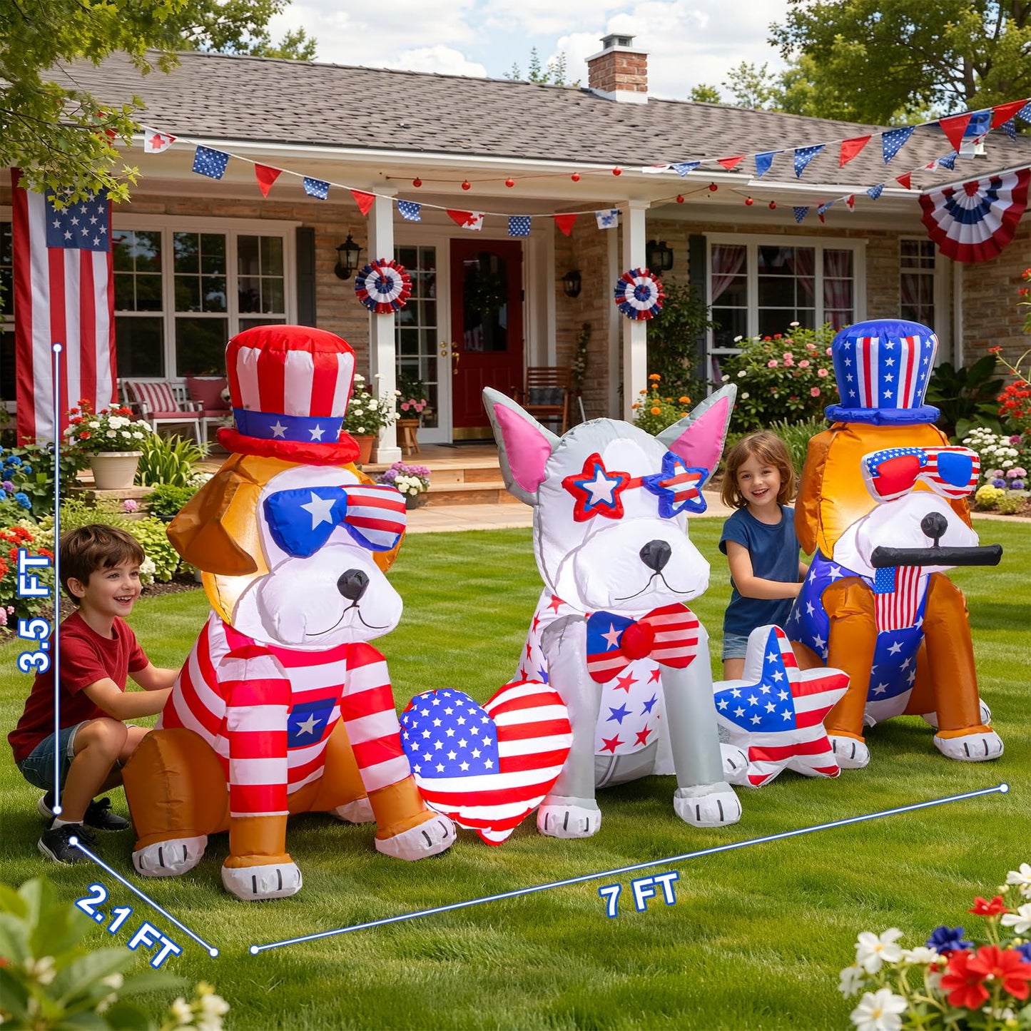 Spinosaurus 7FT 4th of July Inflatables Outdoor Decoration 3dog USA Flag Print Heart Star with LEDs Blow Up Independence Day Patriotic Holiday Yard Decorations