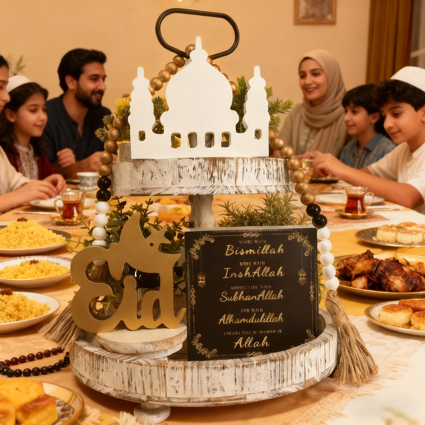 Dazingart Ramadan Decorations Eid Mubarak Table Decor for Home, Islamic Ramadan KareemTiered Tray Decor for Muslim Party Tabletop Decor with Gold Wood Beads Garland with Tassels (Eid)