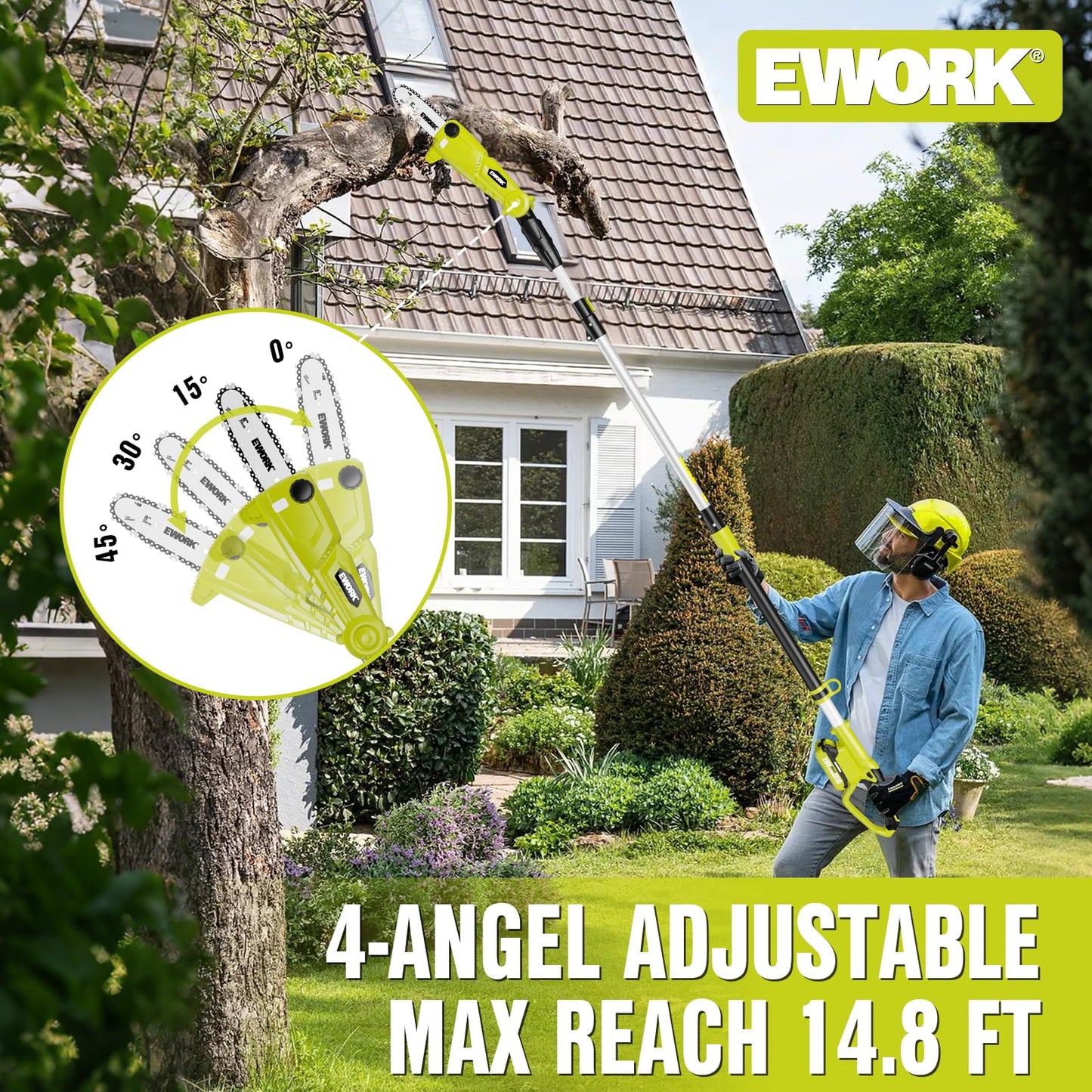 EWORK Electric Pole Saws for Tree Trimming 20V 8-Inch Cordless Pole Chainsaw, Extension to 14.8-Ft, 4-Angle Adjustable Head, Tool-Free Tensioning with 2x2.0Ah Battery & Fast Charger