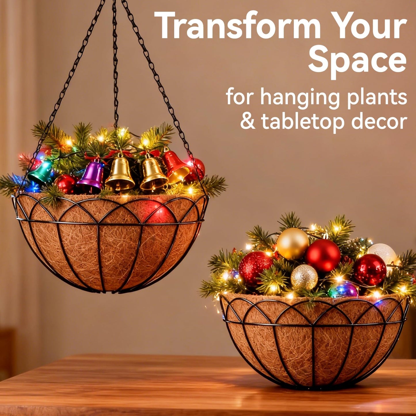 Halatool 2 Pack 14 Inch Hanging Baskets for Plants Outdoor- Small Hanging Garden Planters with Coco Liner for Outside, Empty Metal Wire Flower Holder Hanger Pot for Wall Patio Porch Balcony Decoration