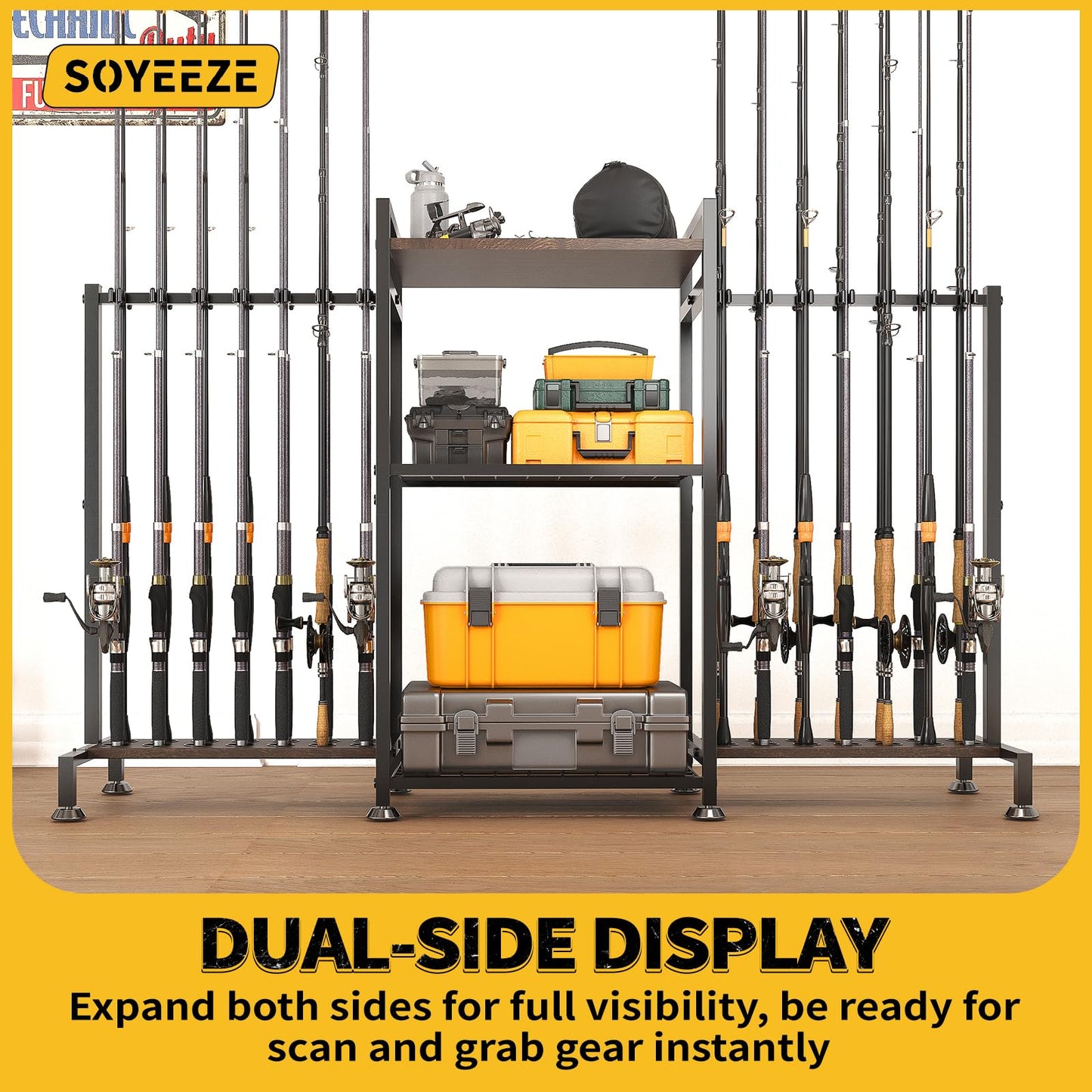 SOYEEZE Fishing Rod Holder for 28 Rods, Ground Stand Fishing Pole Holders for Garage, 3-Sided Vertical Fish Rod Rack for Tackle Box, Fishing Supplies,a Display Fish Gear Storage Gift