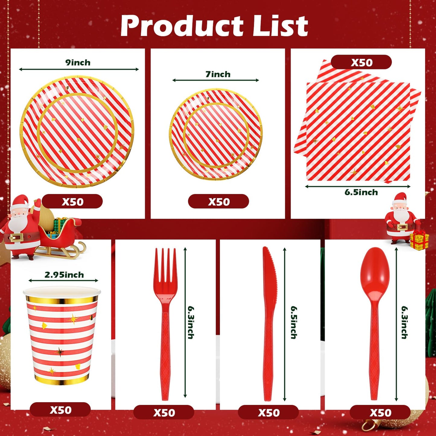 Maxcheck 350 Pcs Christmas Candy Cane Striped Party Plates Cups Napkins and Silverware Set for 50 Guests Disposable Paper Tableware Set Christmas Party Supplies and Table Decorations